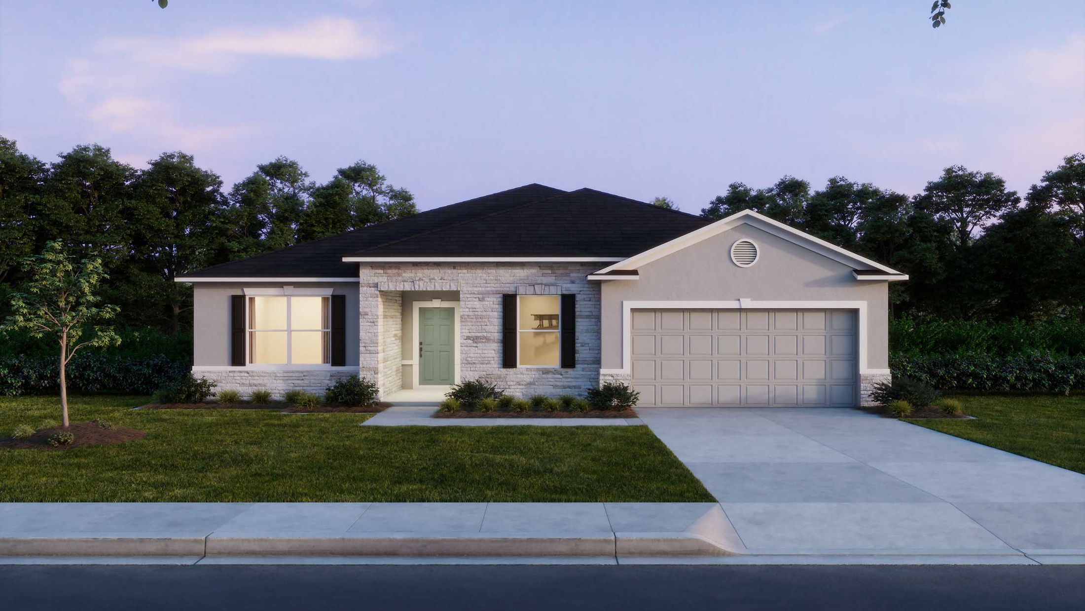 Modern single-story house with stone facade, large windows, attached garage, and well-maintained front lawn at sunset.