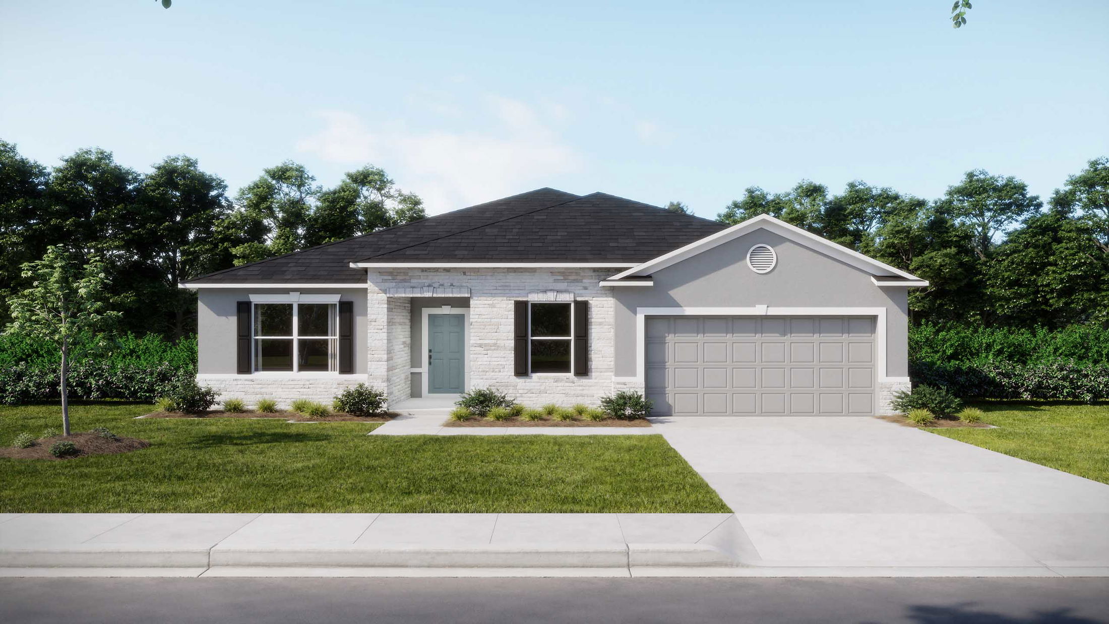 Single-story modern house with a two-car garage, landscaped front yard, and a backdrop of lush green trees.