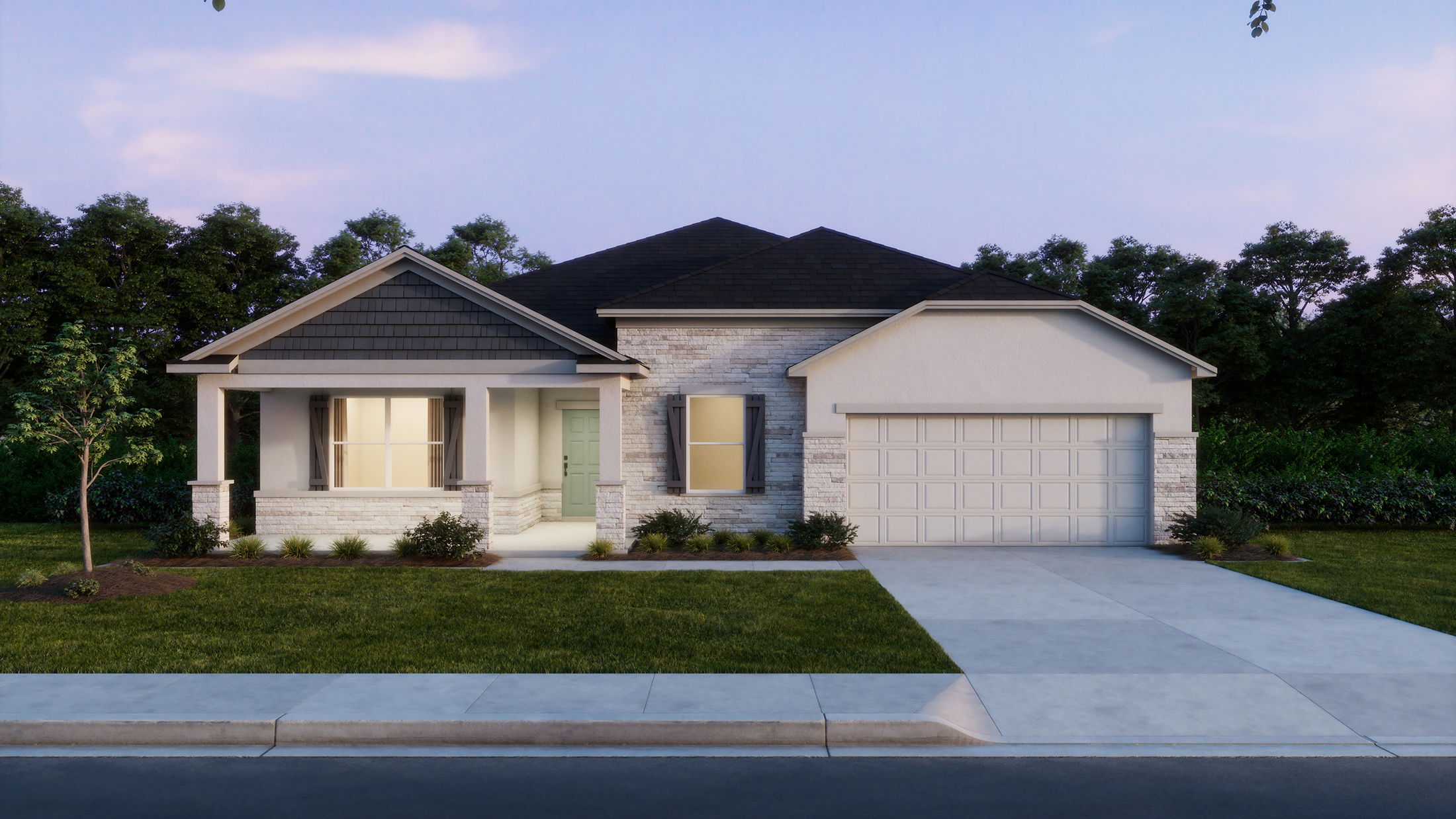 Modern suburban house with a two-car garage, front porch, and well-maintained lawn at dusk.
