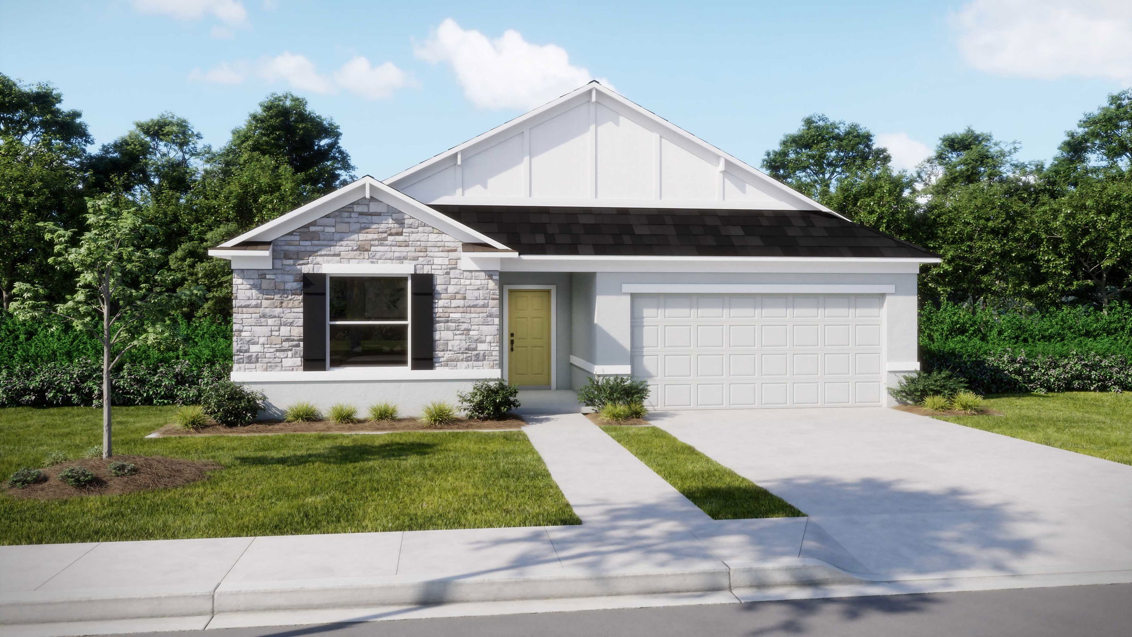 Modern suburban home with stone facade, landscaped front yard, and spacious driveway leading to a double garage.