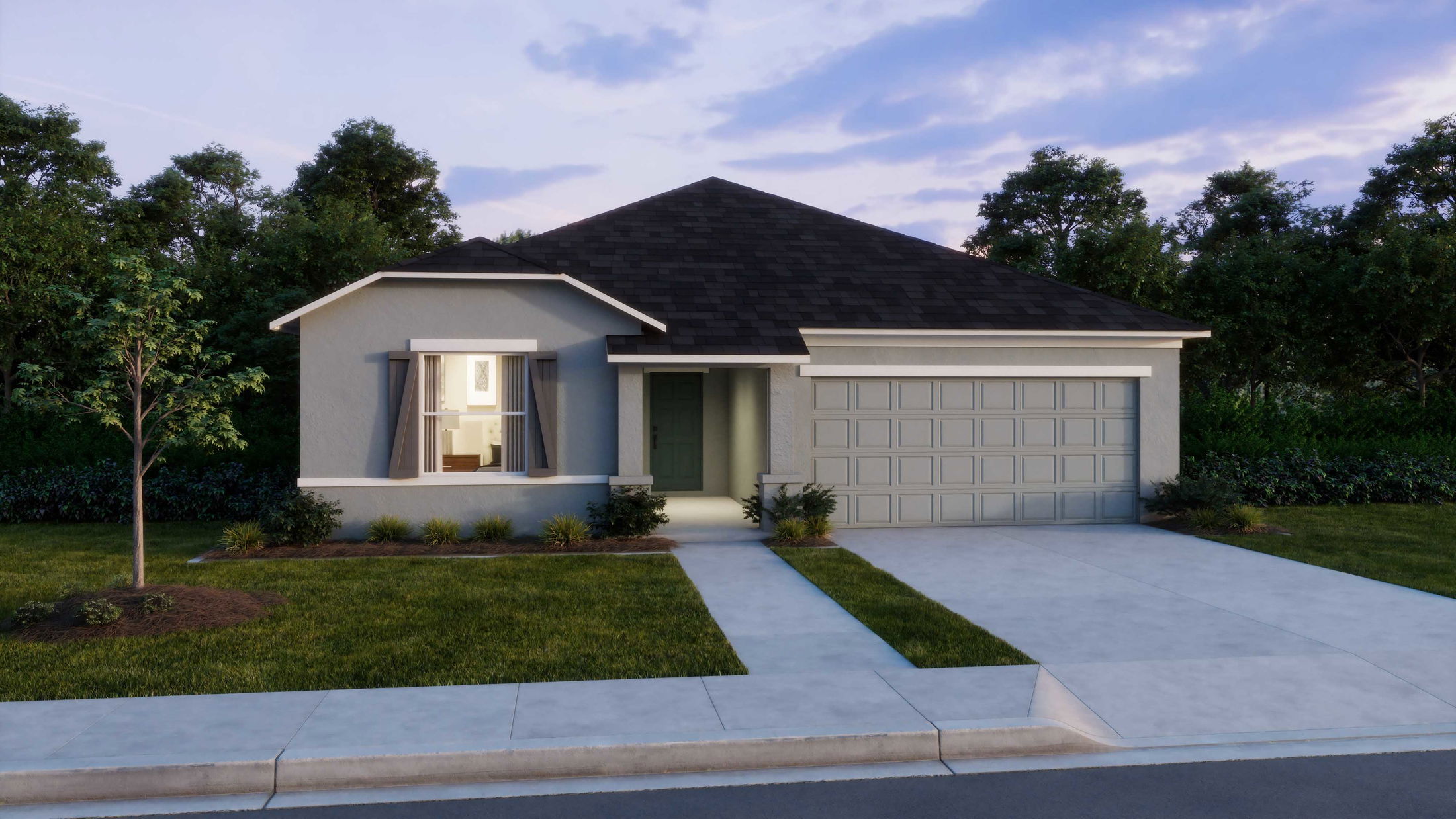 Single-story modern home with a dark roof, large garage, and manicured lawn, set against a backdrop of trees.