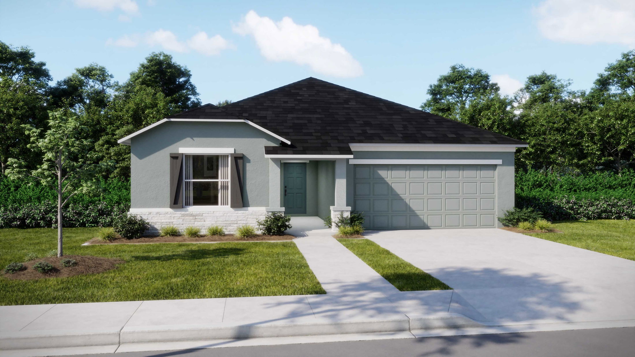 Modern single-story home with gray exterior, landscaped front yard, and attached two-car garage.