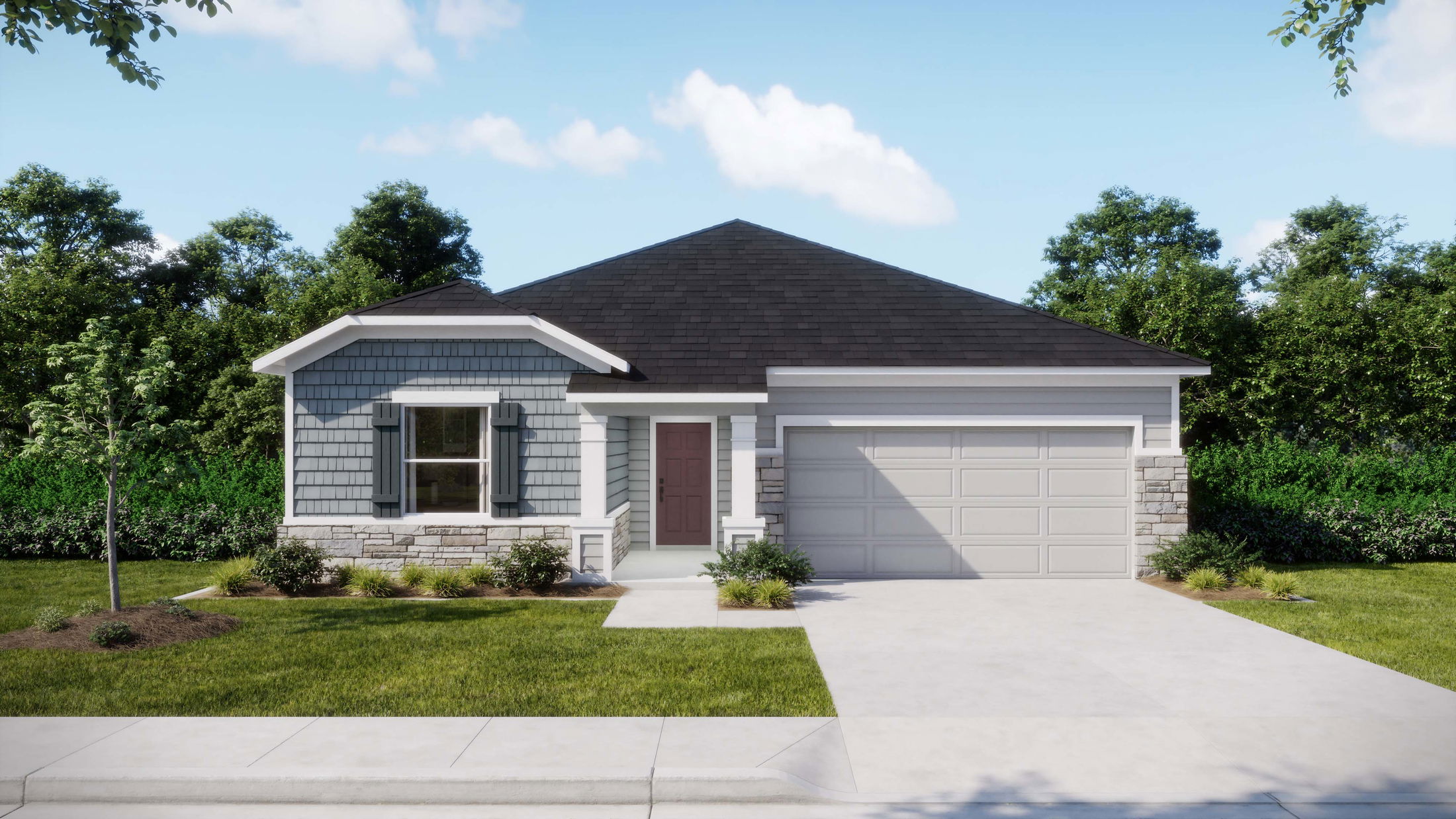 Modern suburban home with light blue siding, dark roof, and attached garage, surrounded by lush greenery.