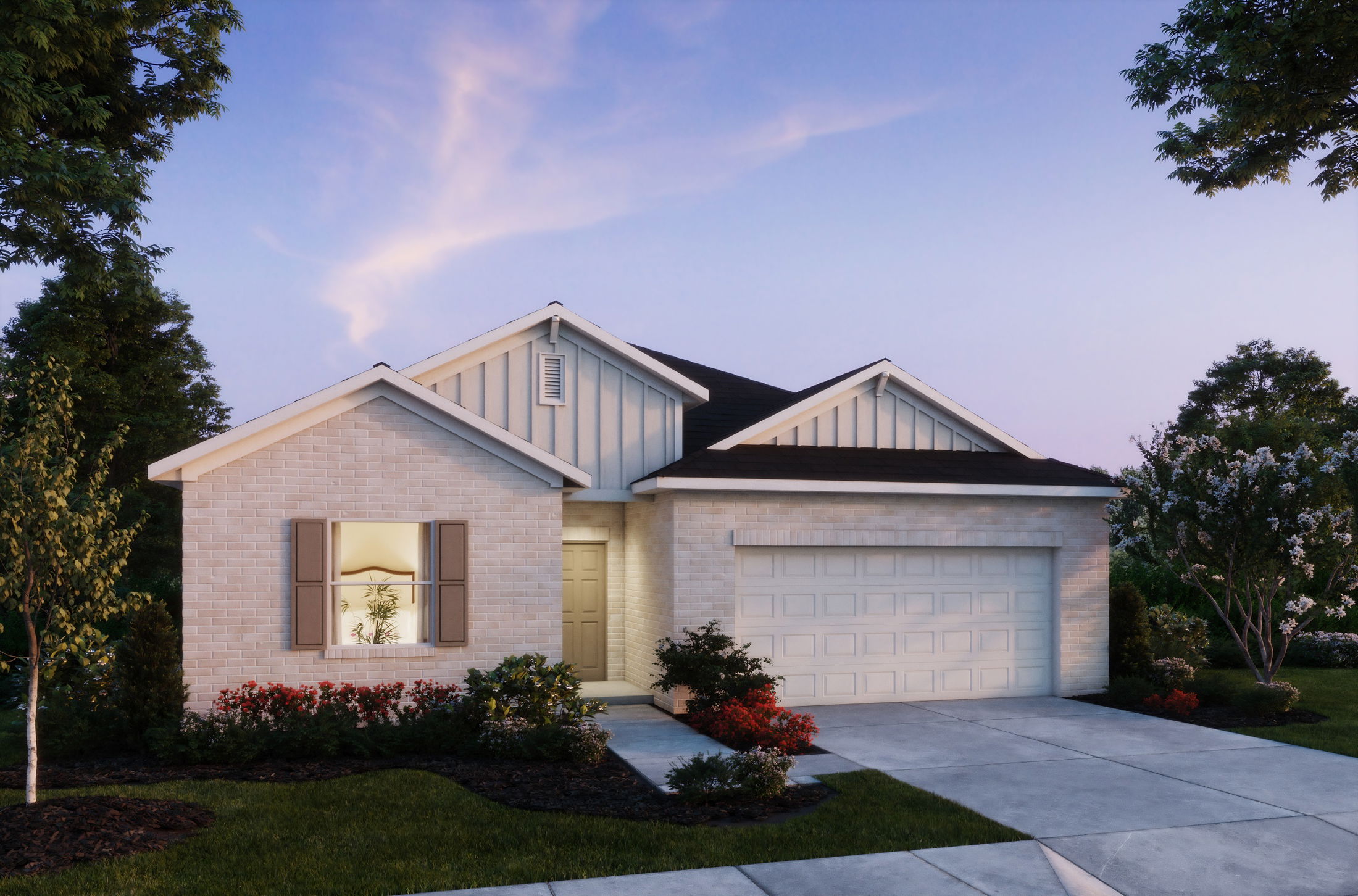 Modern single-story brick house with manicured landscaping at twilight.