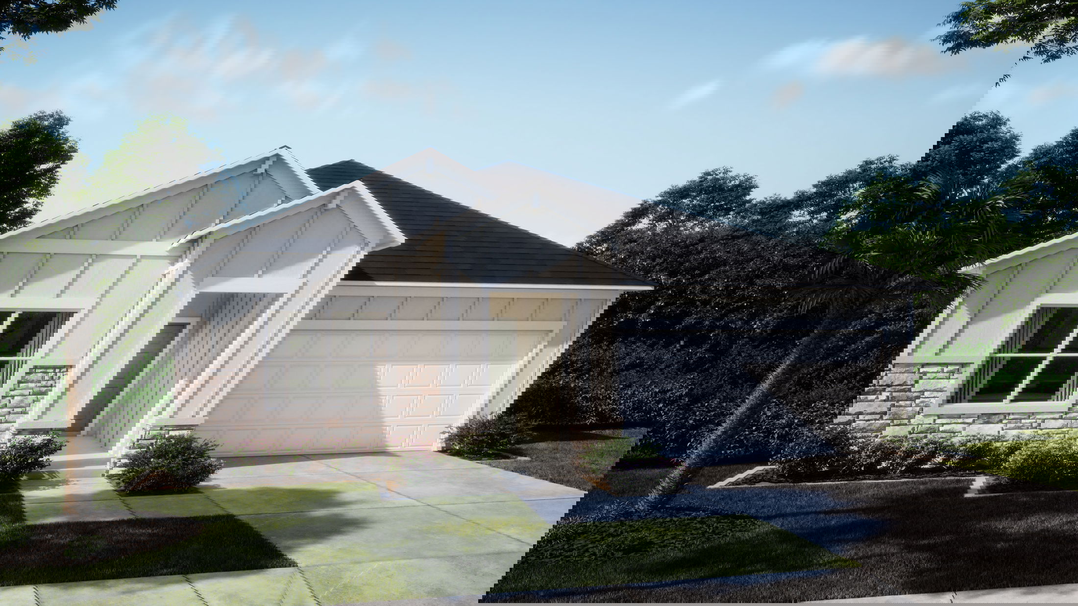 A modern house with a unique architectural design featuring a sloped roof and landscaped front yard under a clear blue sky.