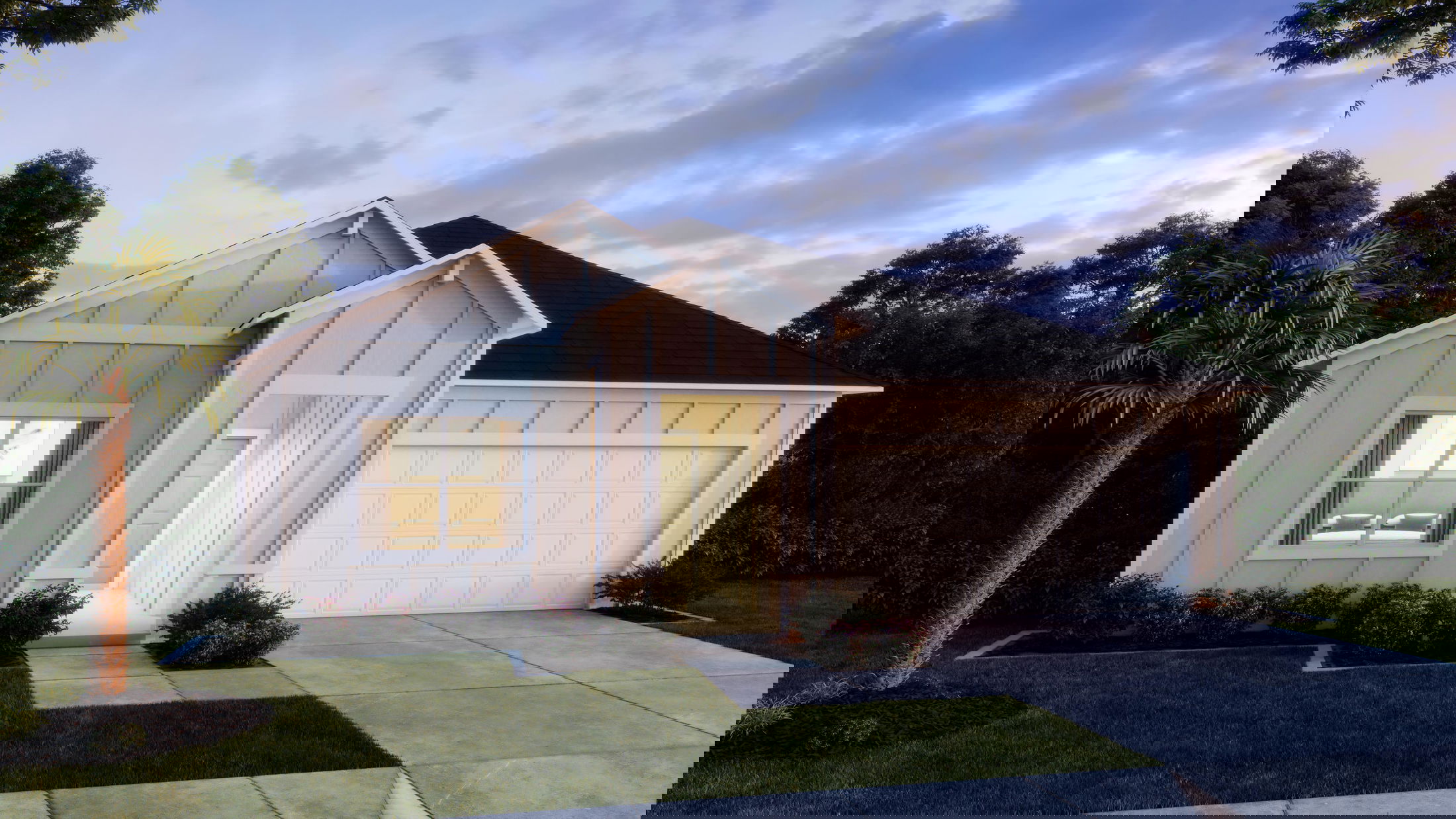 A unique angled view of a modern house with a slanted roof, driveway, and landscaped yard under a cloudy sky.