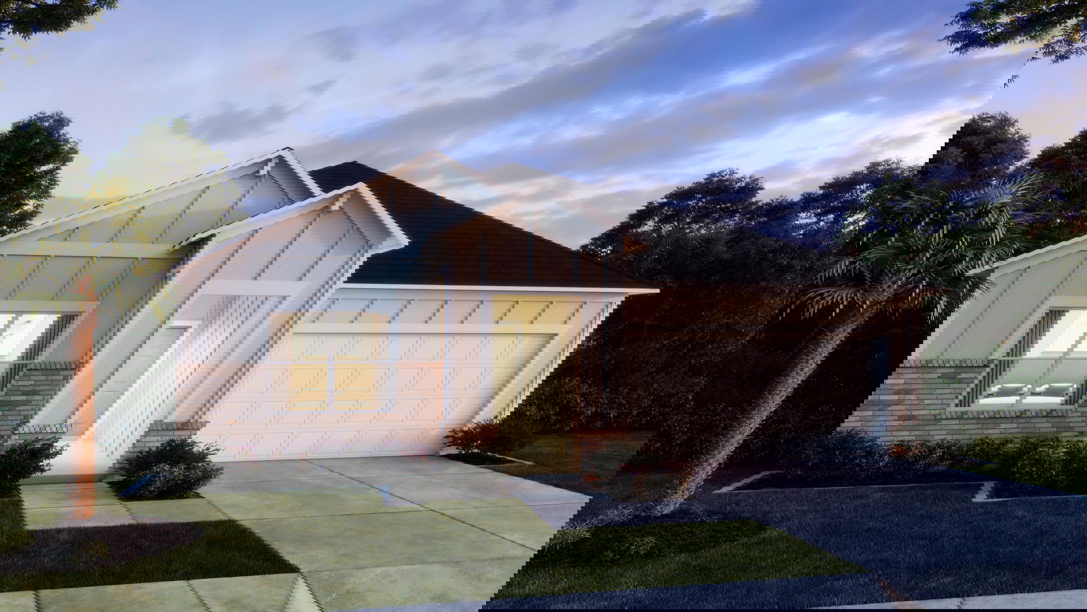 A modern, stylized home with an angled roof and a well-kept lawn under a colorful sky at dusk.