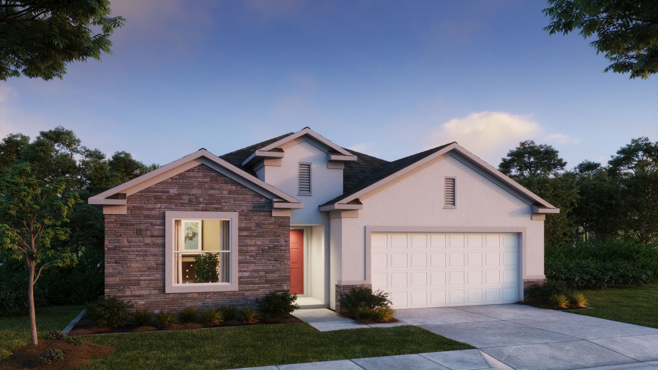 Modern suburban single-story house with brick and stucco facade, white garage door, and red front door at sunset.