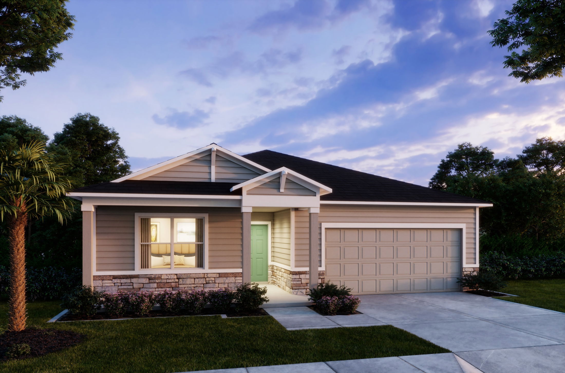Cozy suburban single-story house with a green front door, large driveway, and well-manicured lawn at sunset.