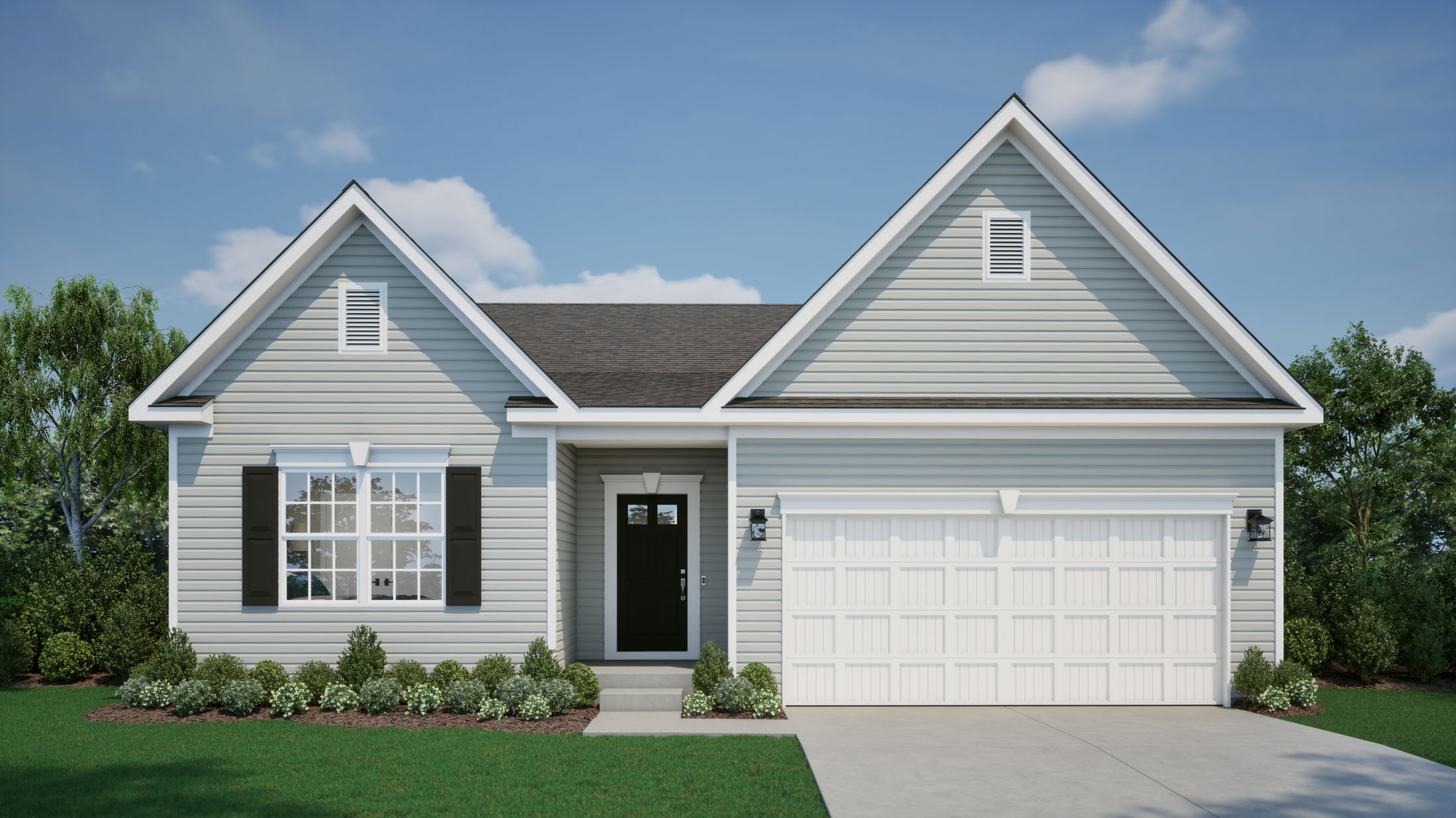 Modern single-story house with gray siding, black shutters, and a double garage.