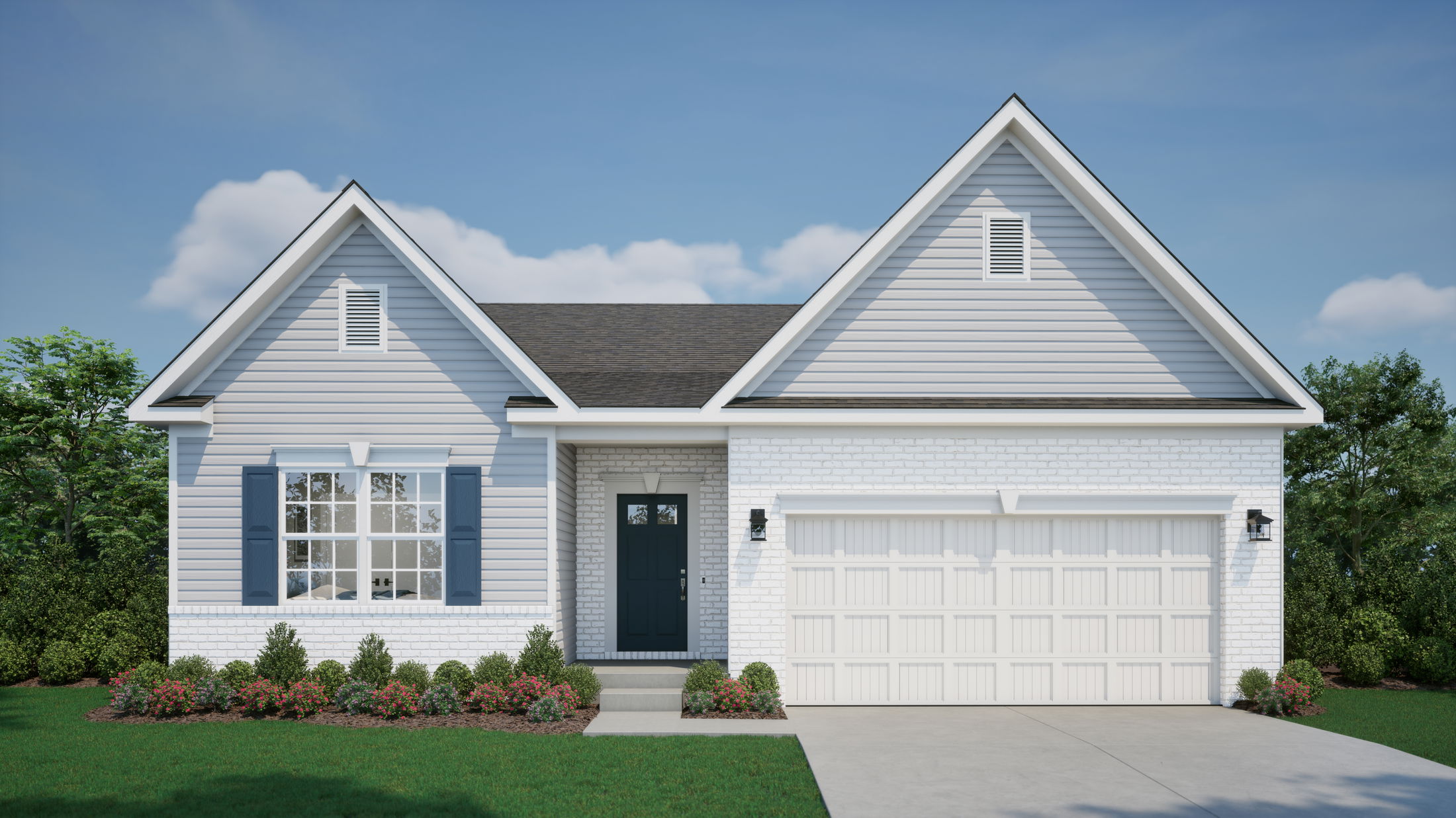 Front view of a modern single-story suburban house with a light gray facade, blue shutters, and an attached white garage.