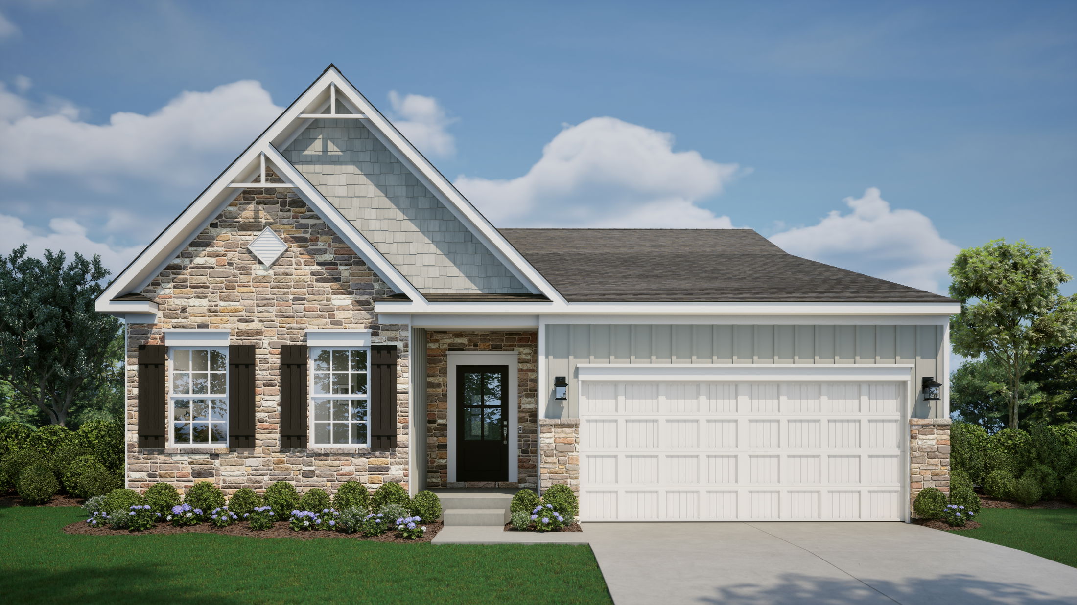 Charming single-story house with a stone façade, gabled roof, and attached garage, surrounded by lush green landscaping under a clear blue sky.