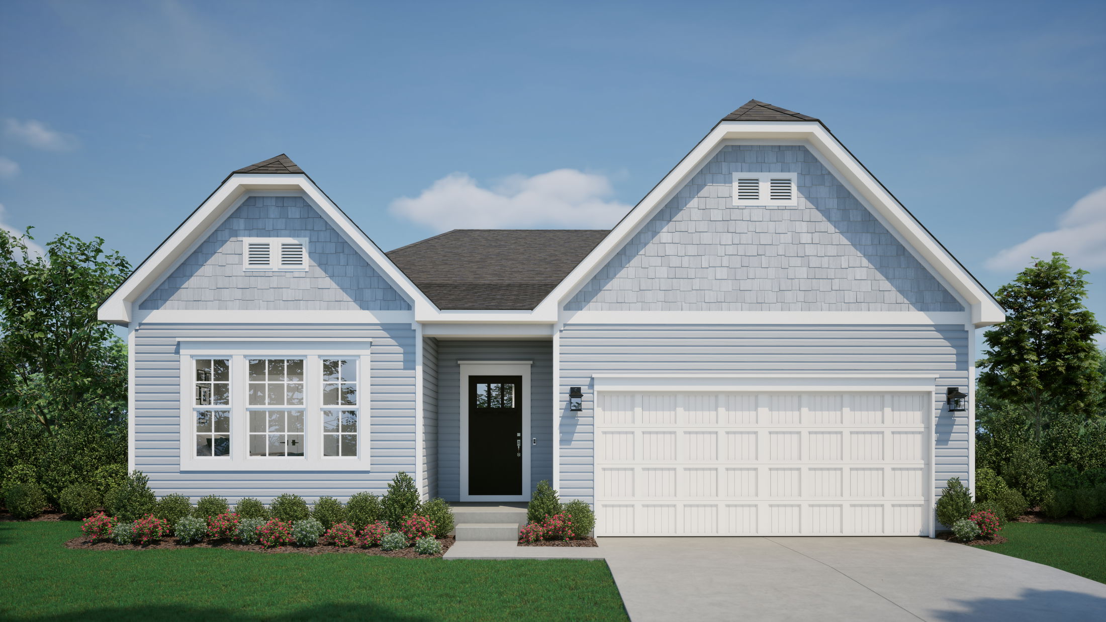 Front view of a charming, light blue suburban house with a black front door, white garage, and landscaped garden.