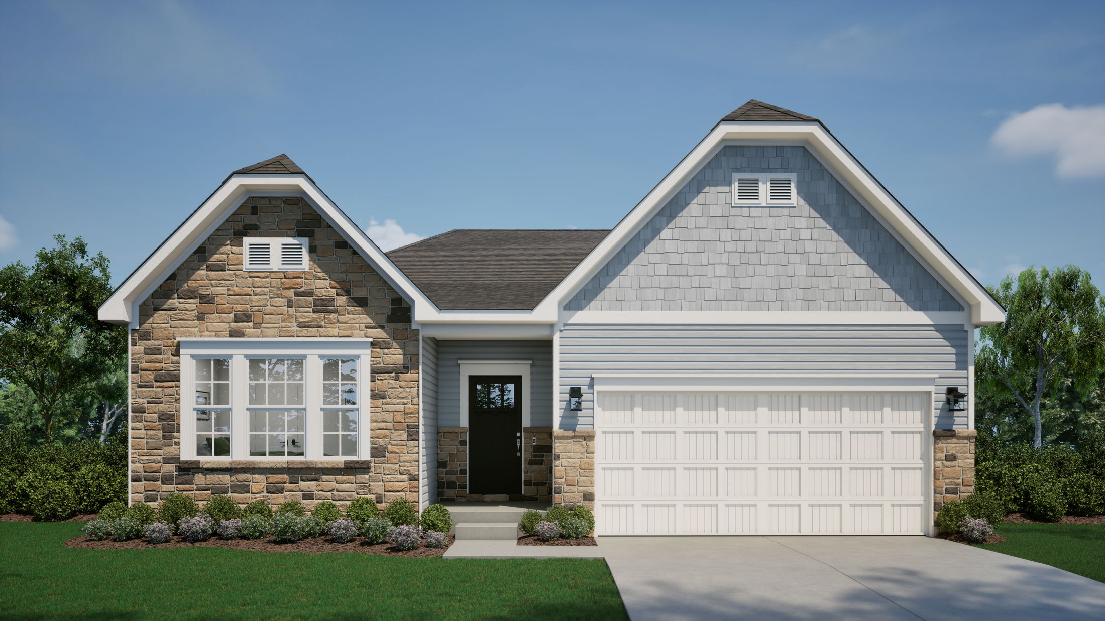 Front view of a modern single-story house with stone and siding exterior, featuring a two-car garage and manicured landscaping.