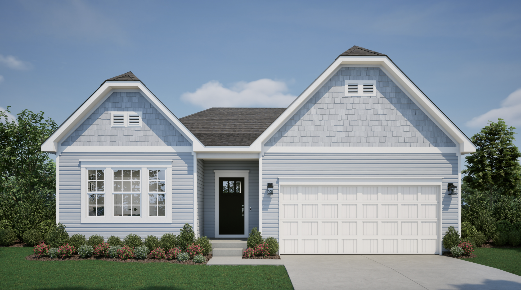 Front view of a modern suburban house with light blue siding, gabled roof, and a well-maintained front yard.