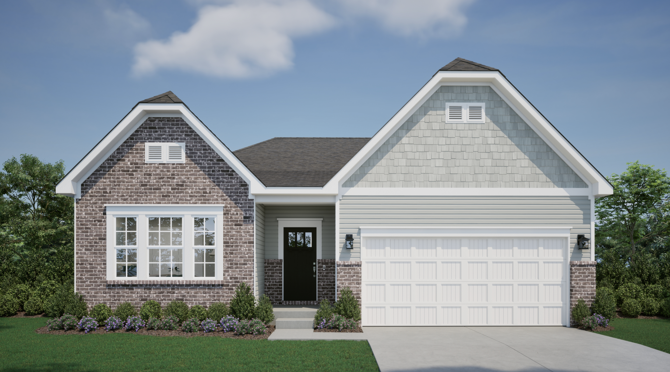 Single-story suburban house with a mix of gray siding and red brick exterior, featuring a double garage and landscaped front yard.