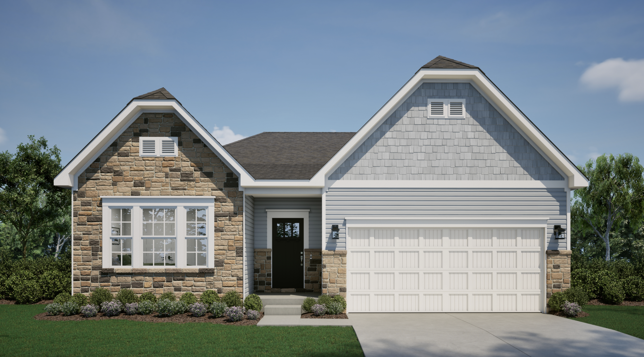 Modern suburban home with stone and siding exterior, large window, and a double garage in a green landscaped setting.