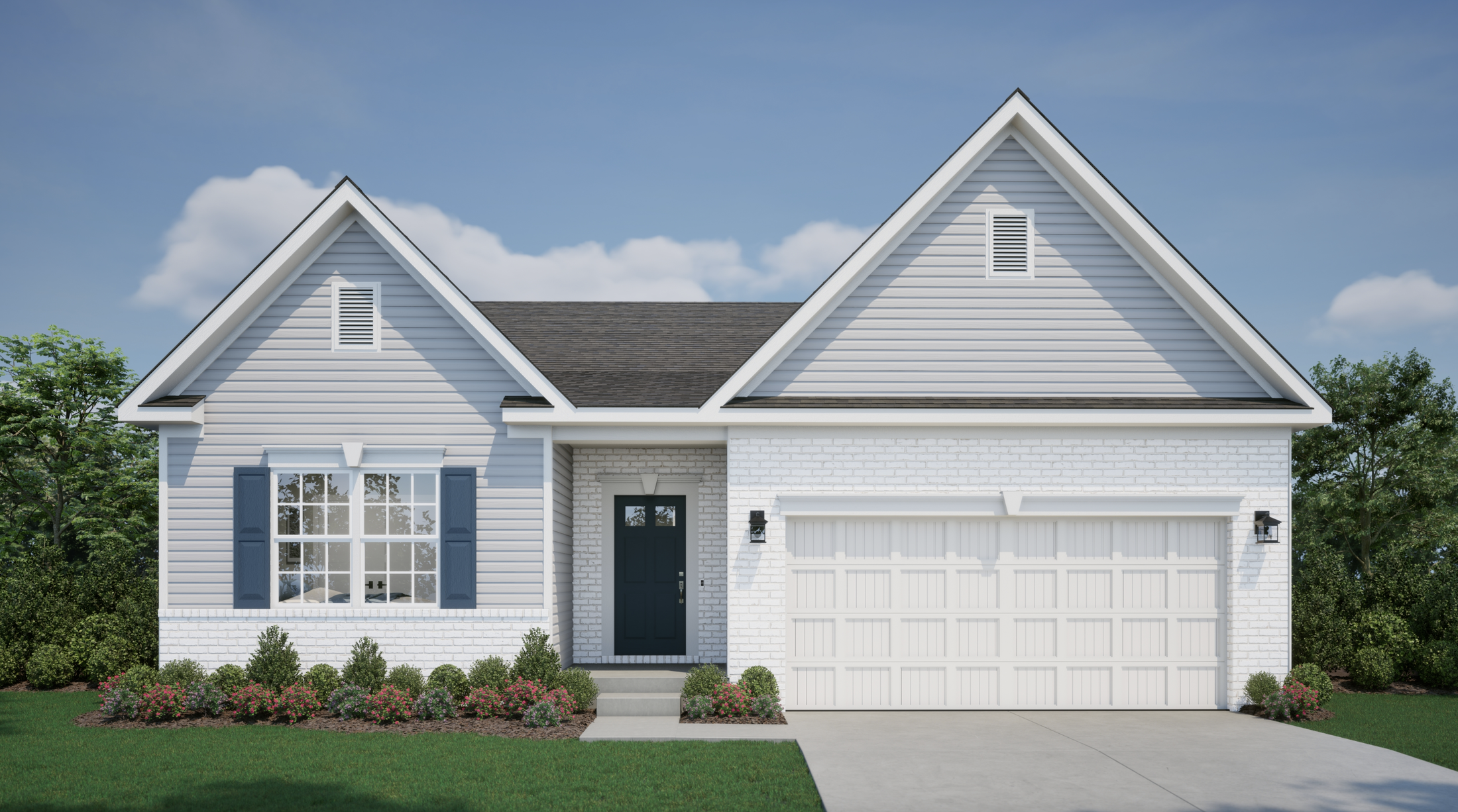 Charming single-story home with blue shutters, a dark front door, a white garage, and a manicured lawn.