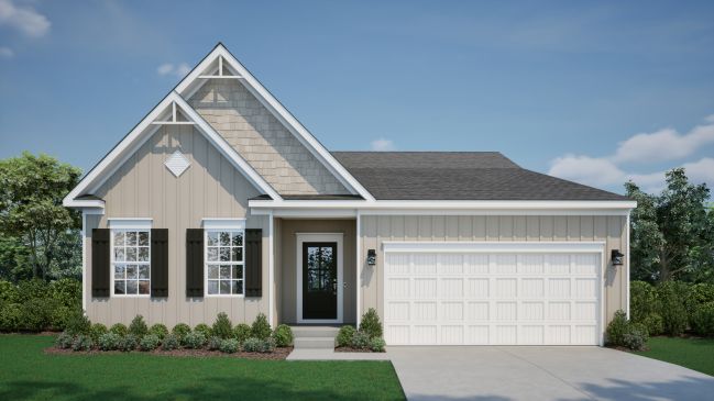 Single-story suburban house with beige siding, white trim, and a two-car garage, surrounded by green shrubs and trees under a clear blue sky.