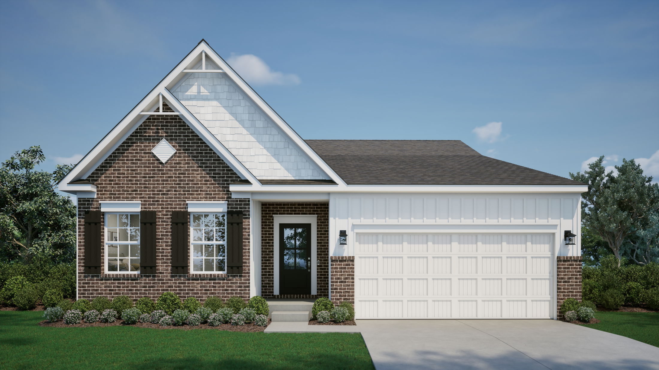 Modern single-story house with brick and white siding exterior and a spacious garage.