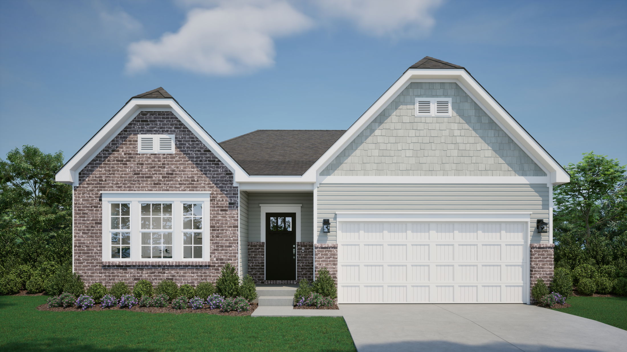 Single-story suburban house with brick and siding exterior, attached garage, and manicured landscaping under a clear blue sky.