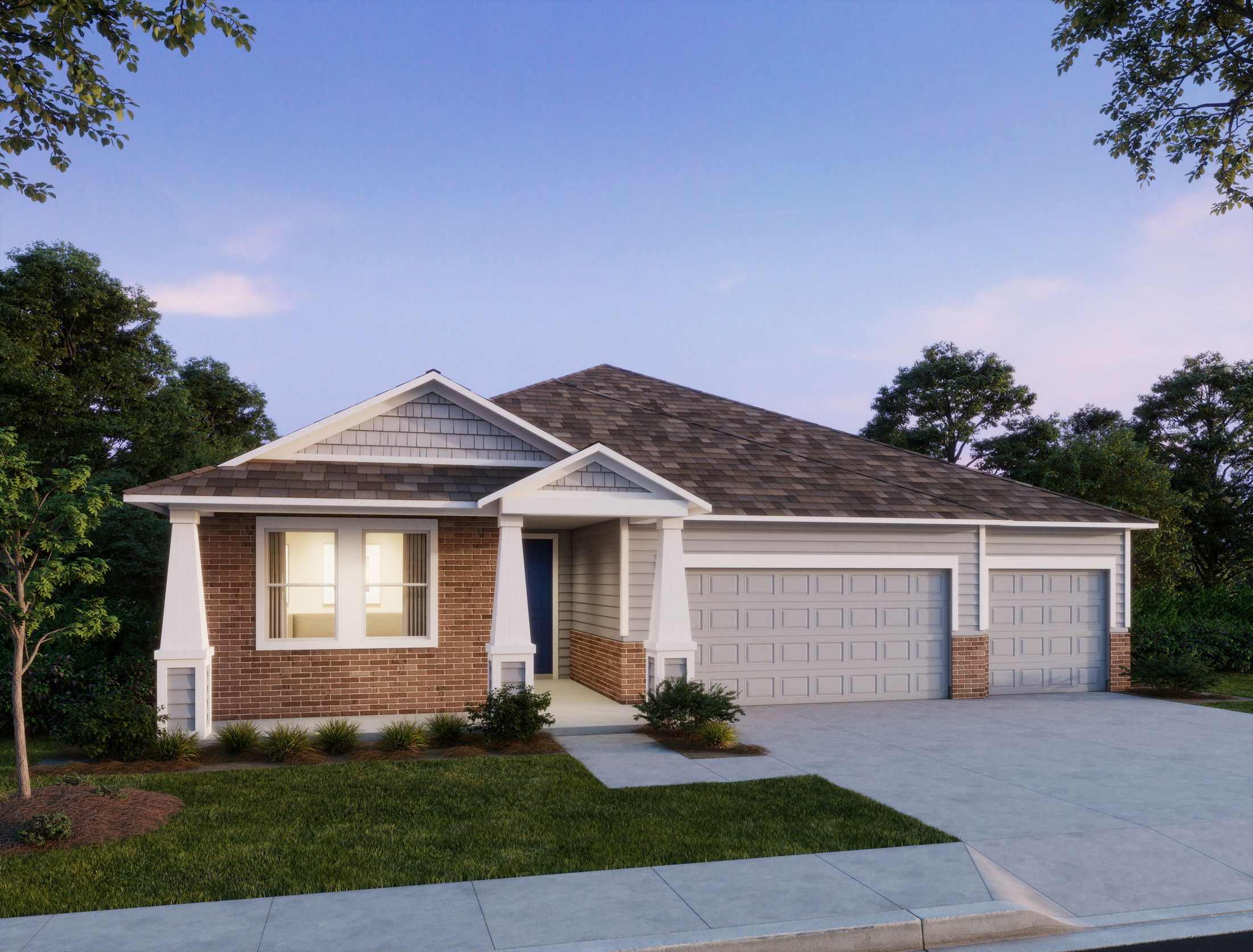 Contemporary single-story brick house with a three-car garage, front lawn, and evening lighting against a twilight sky.