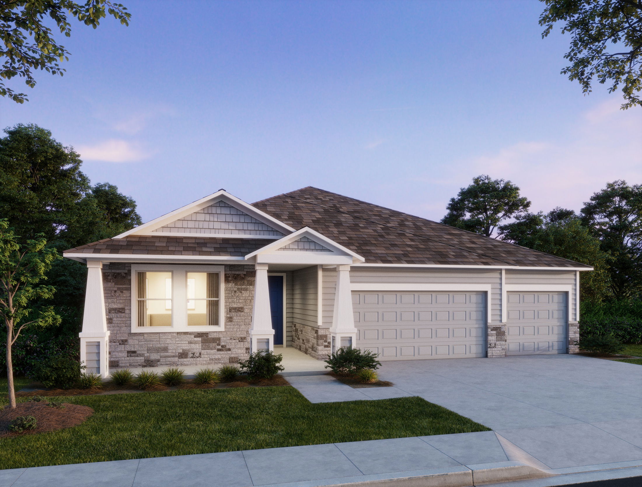A modern single-story house with a two-car garage, surrounded by trees and a neatly manicured lawn, captured at dusk.