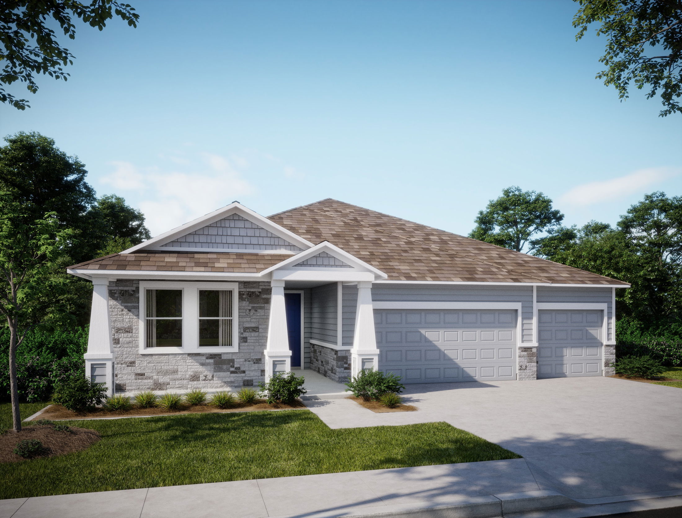 Newly constructed single-story house with a two-car garage, front lawn, and modern architecture surrounded by trees.