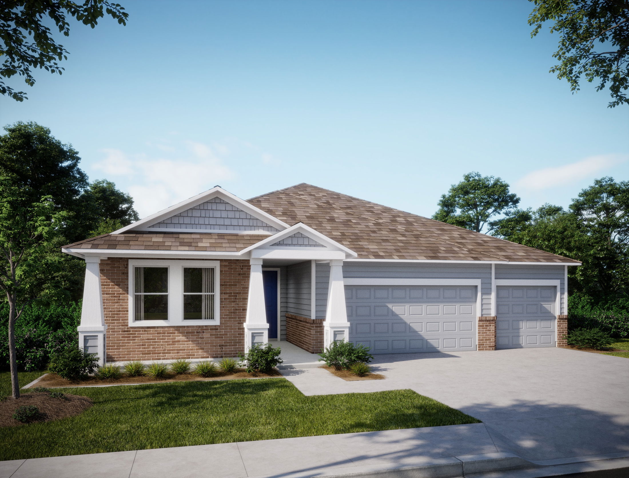 Modern single-story home with a three-car garage, brick facade, and well-maintained front yard under a clear blue sky.