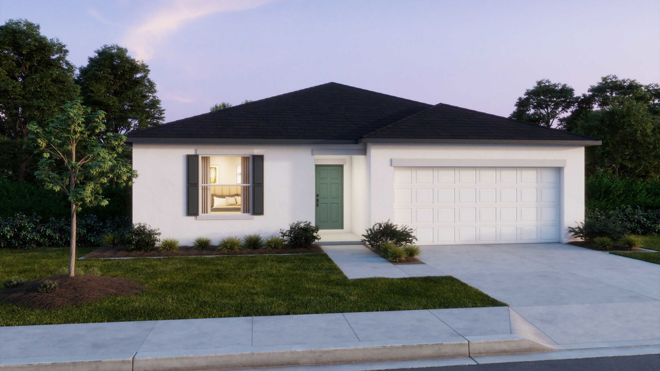 Single-story modern suburban house with white exterior, dark roof, front yard, and garage at dusk.