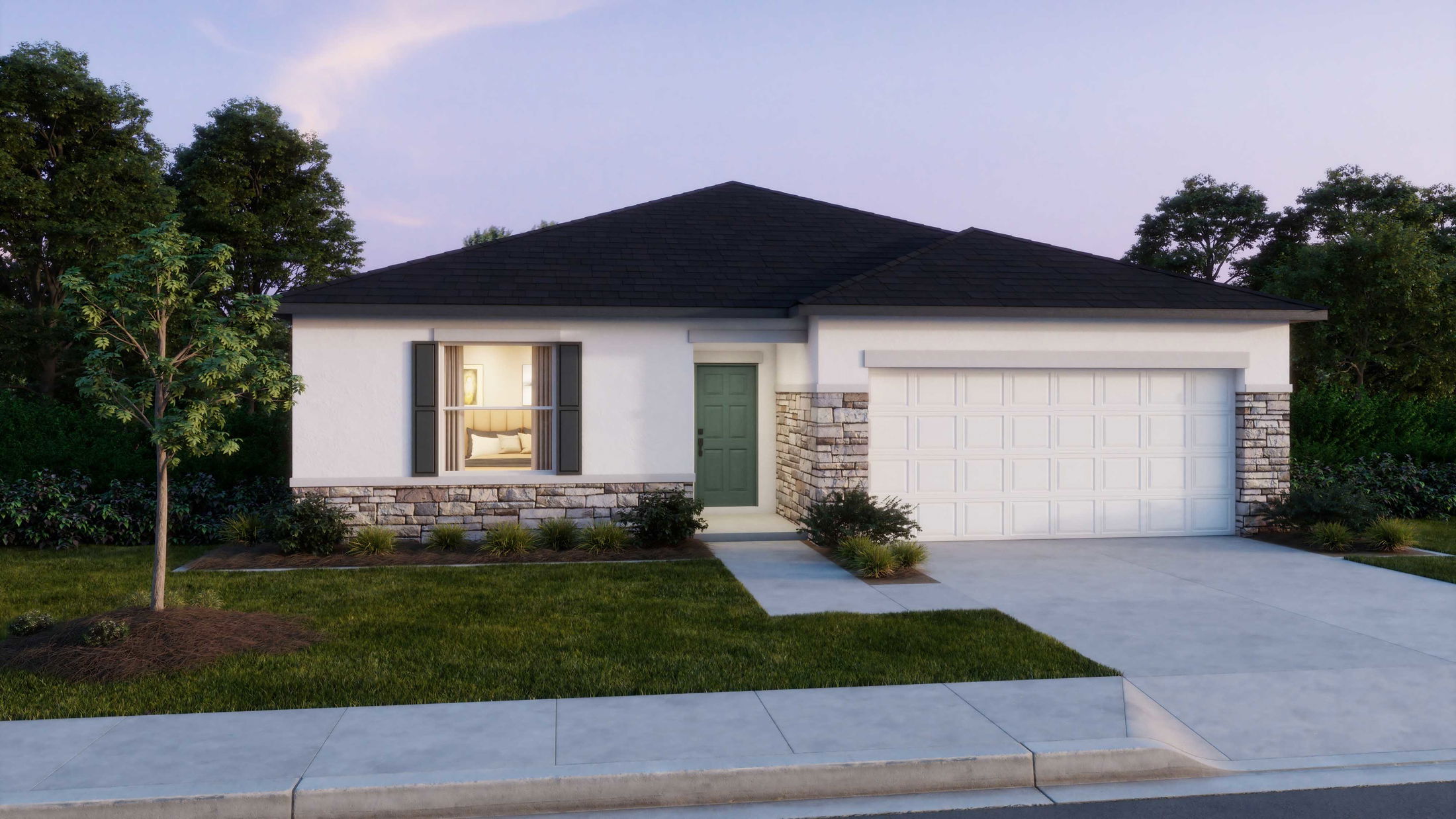 Modern single-story house exterior with stone accents and a two-car garage at dusk.