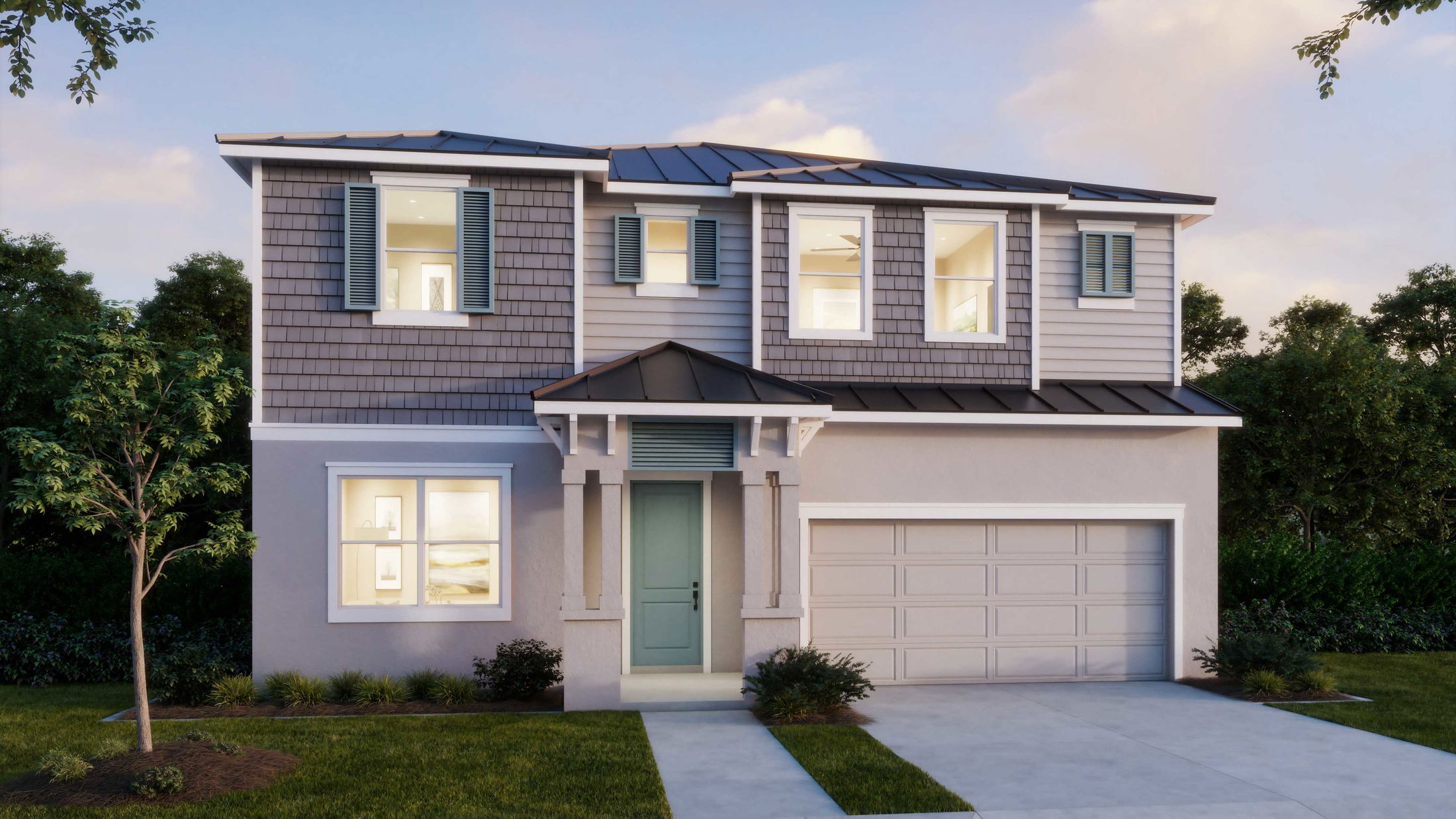 Modern two-story suburban home with gray siding, blue shutters, and a two-car garage.