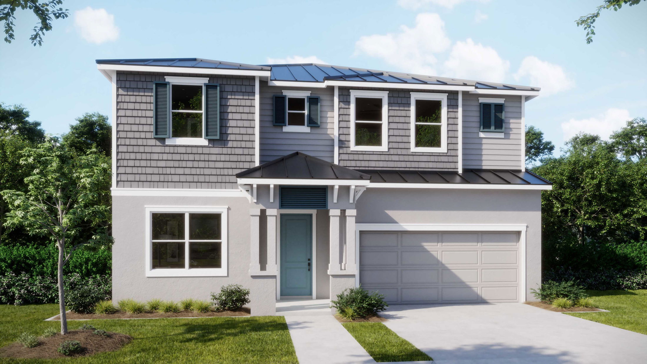 Two-story modern home with gray siding, a blue door, and attached garage in a lush suburban setting.