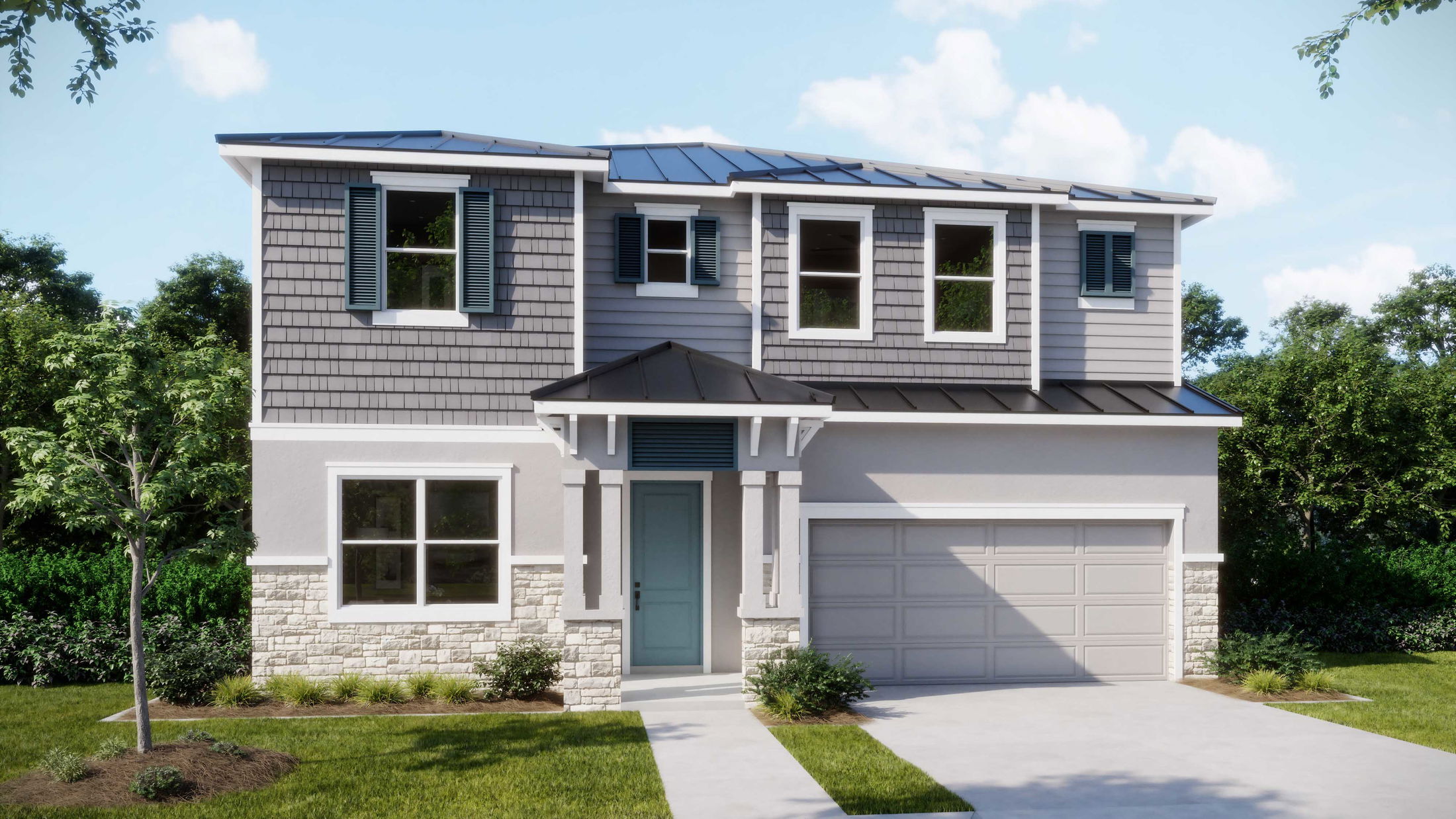 Modern two-story suburban home with blue accents and a well-manicured lawn.