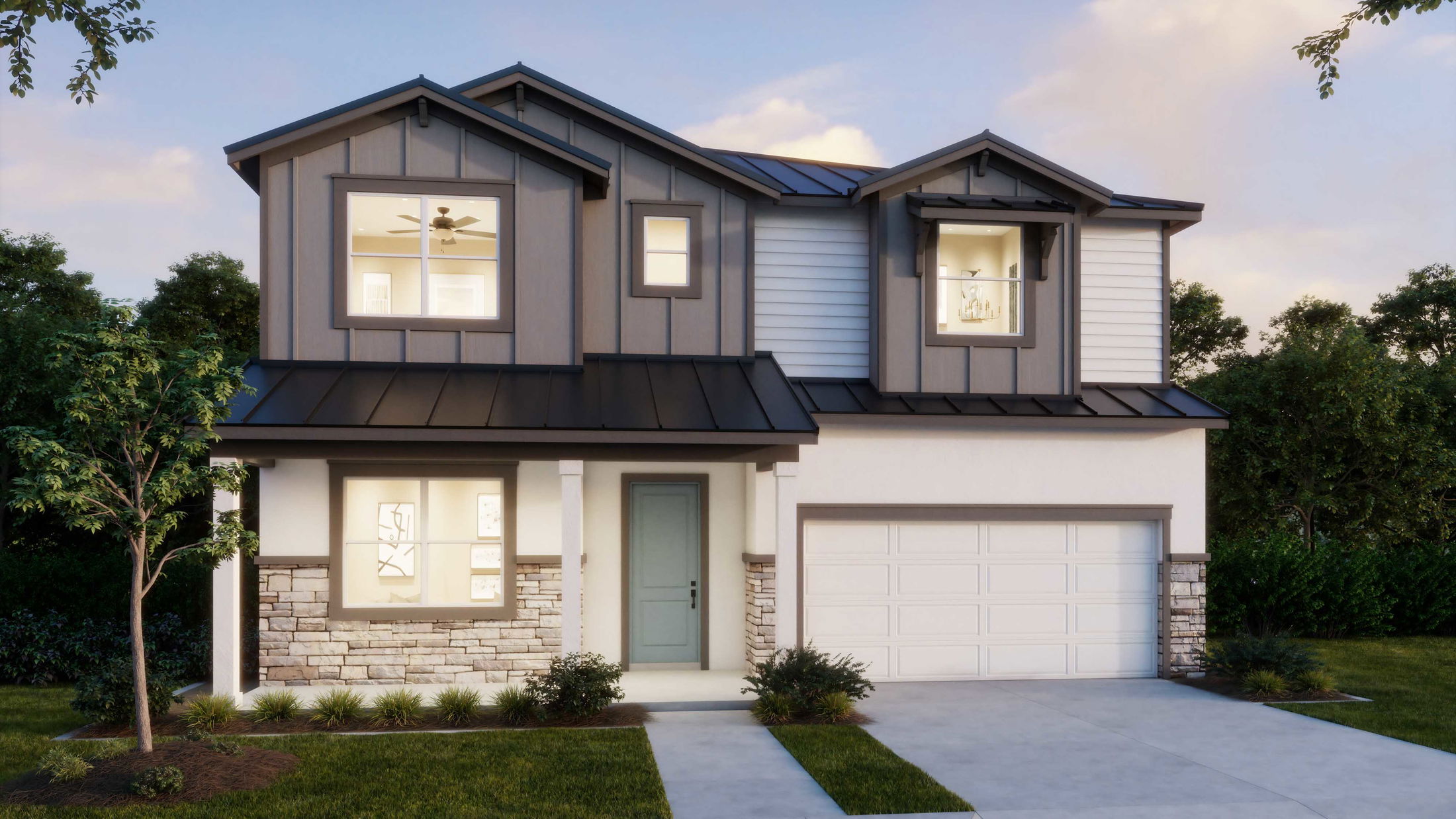 Modern two-story suburban house with a stone facade, large windows, and a two-car garage.
