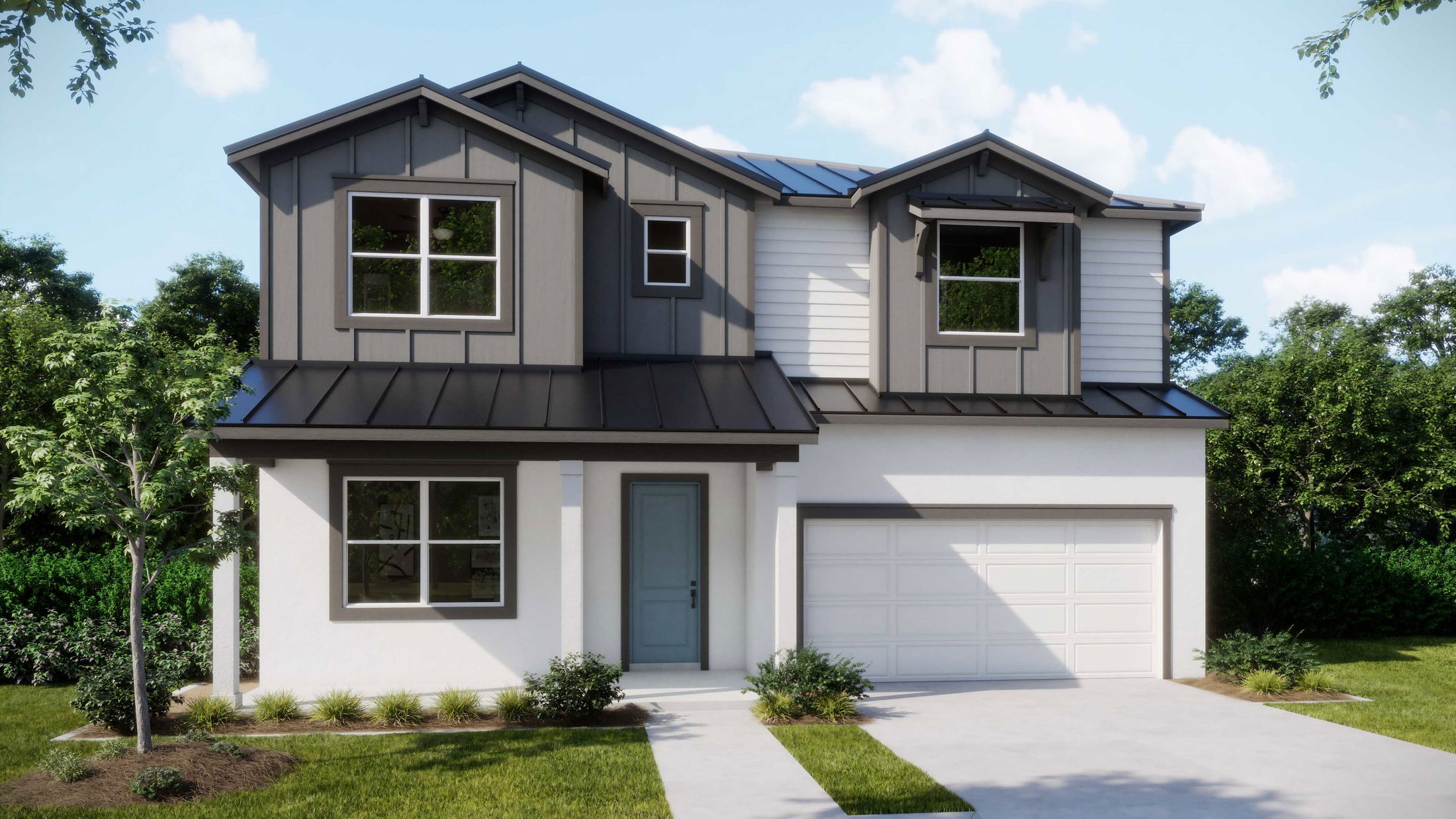 Modern two-story house with a gray and white exterior, featuring a garage and small front yard landscaping.