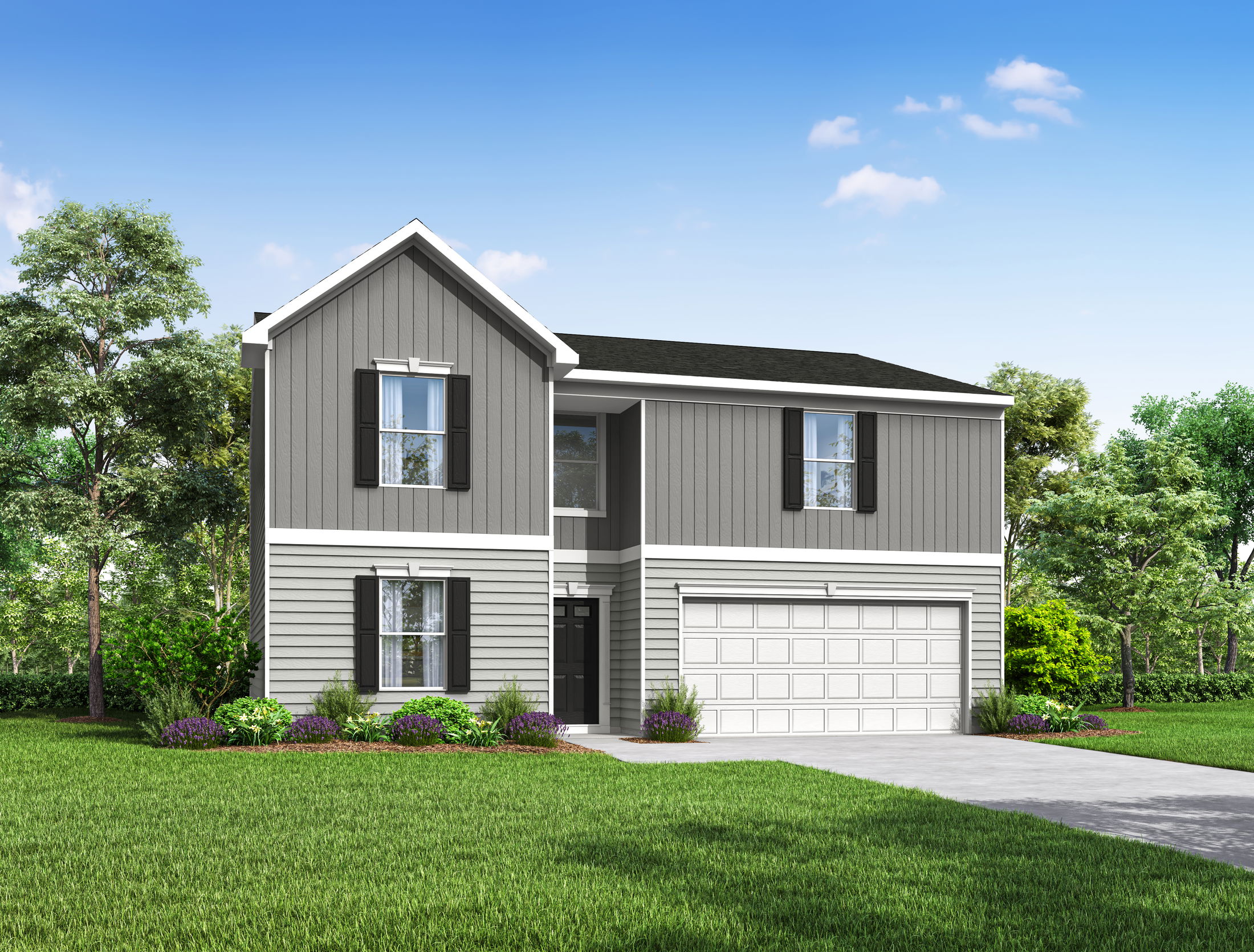 Modern two-story gray house with white garage and lush lawn under a clear blue sky.