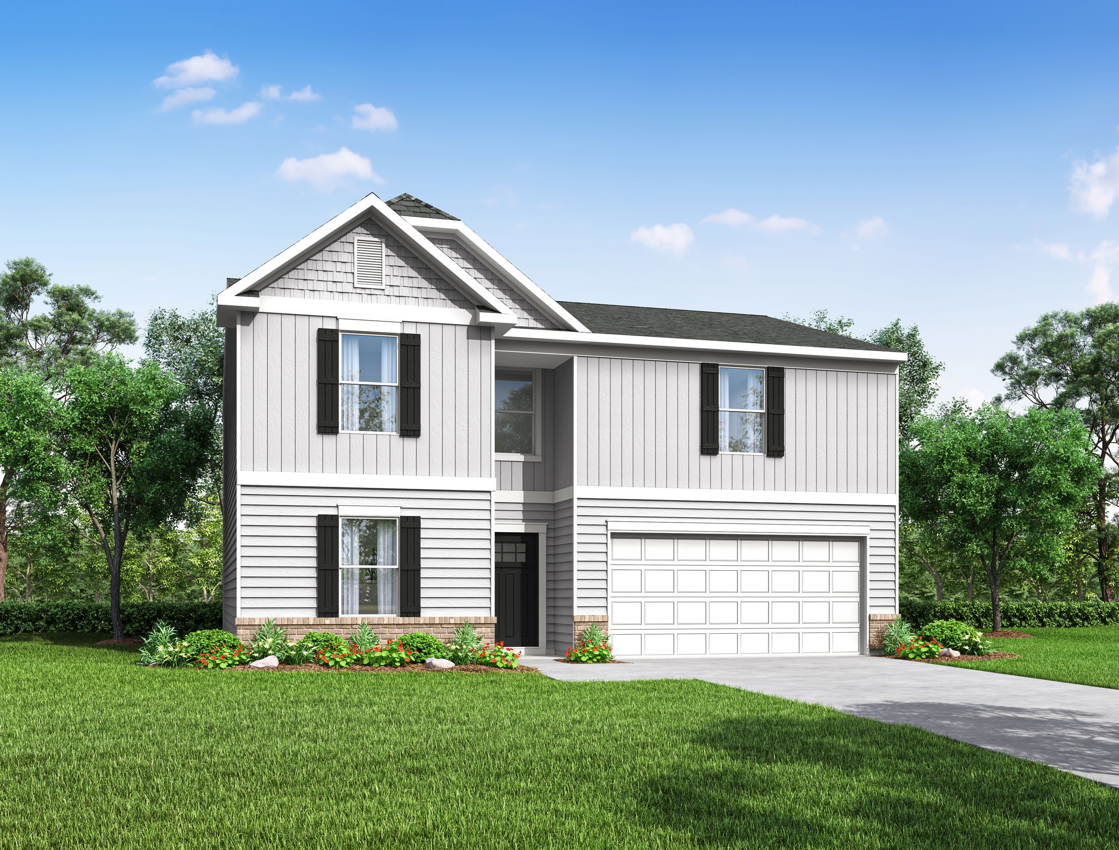 Modern two-story suburban home with gray siding, white trim, and a two-car garage, set against a backdrop of lush green landscaping and clear blue sky.
