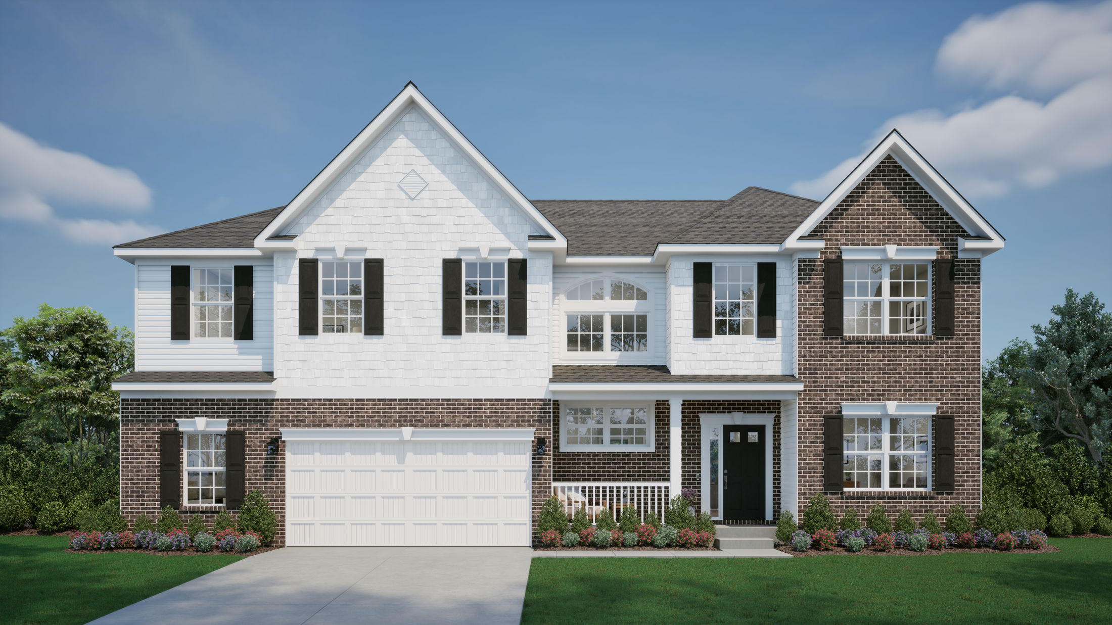 Elegant two-story suburban house with brick and white siding exterior, black shutters, and a well-maintained green lawn.