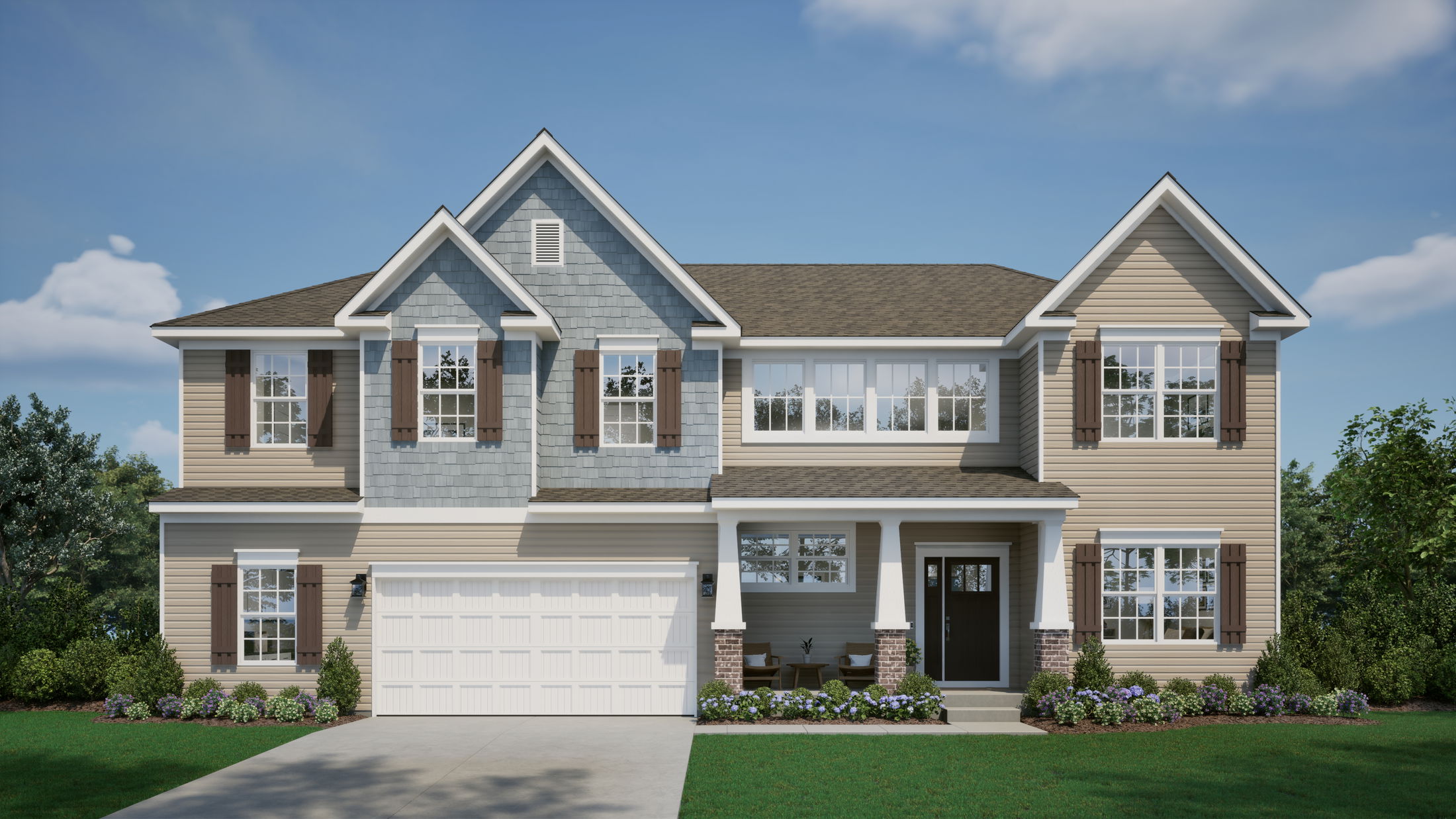 Front view of a modern two-story suburban house with light tan siding, dark brown shutters, and a spacious front yard.