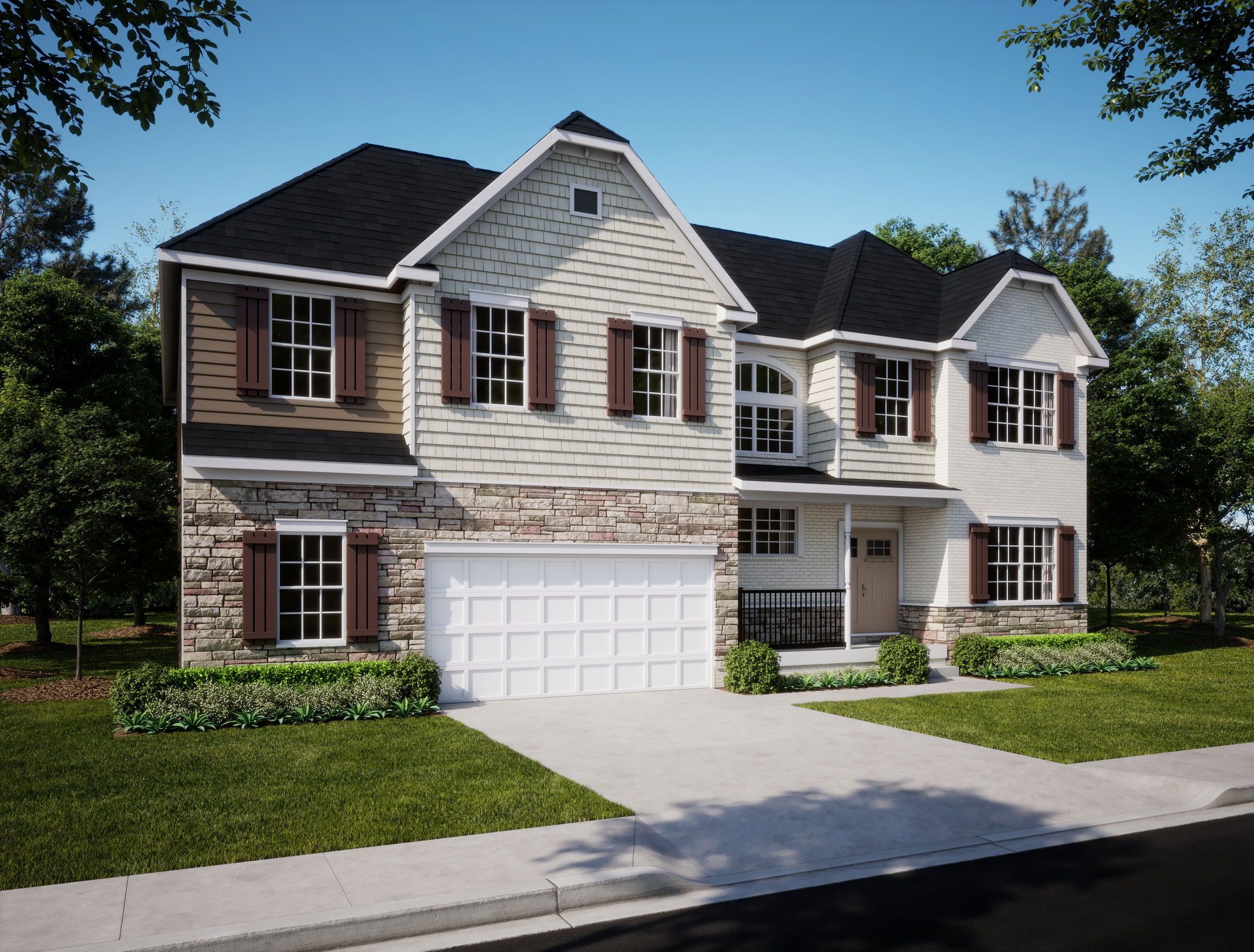 Elegant two-story suburban home with stone and siding exterior, featuring a two-car garage and manicured front lawn.