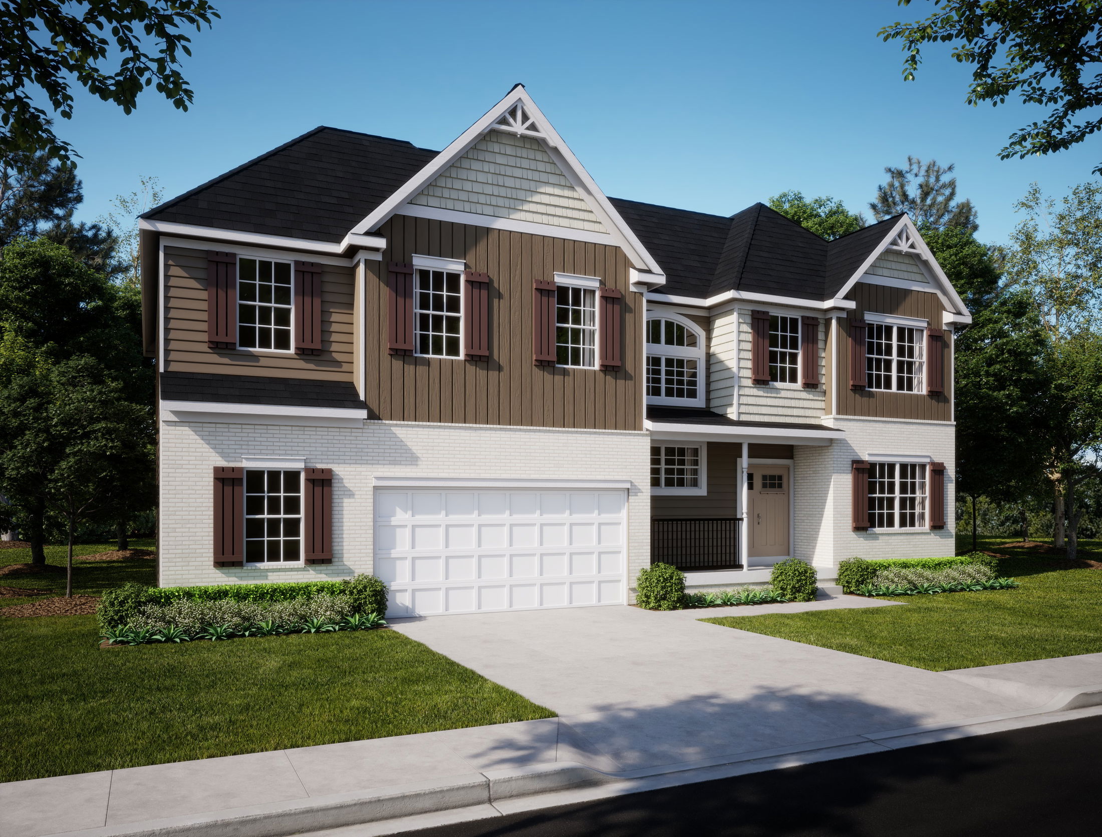 Two-story suburban house with brown and white siding, double garage, and well-maintained front yard on a sunny day.