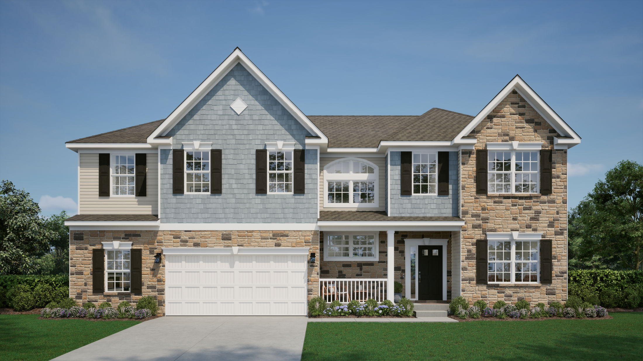 Two-story suburban house with a brick and blue siding exterior, featuring a double garage and manicured lawn under a clear blue sky.