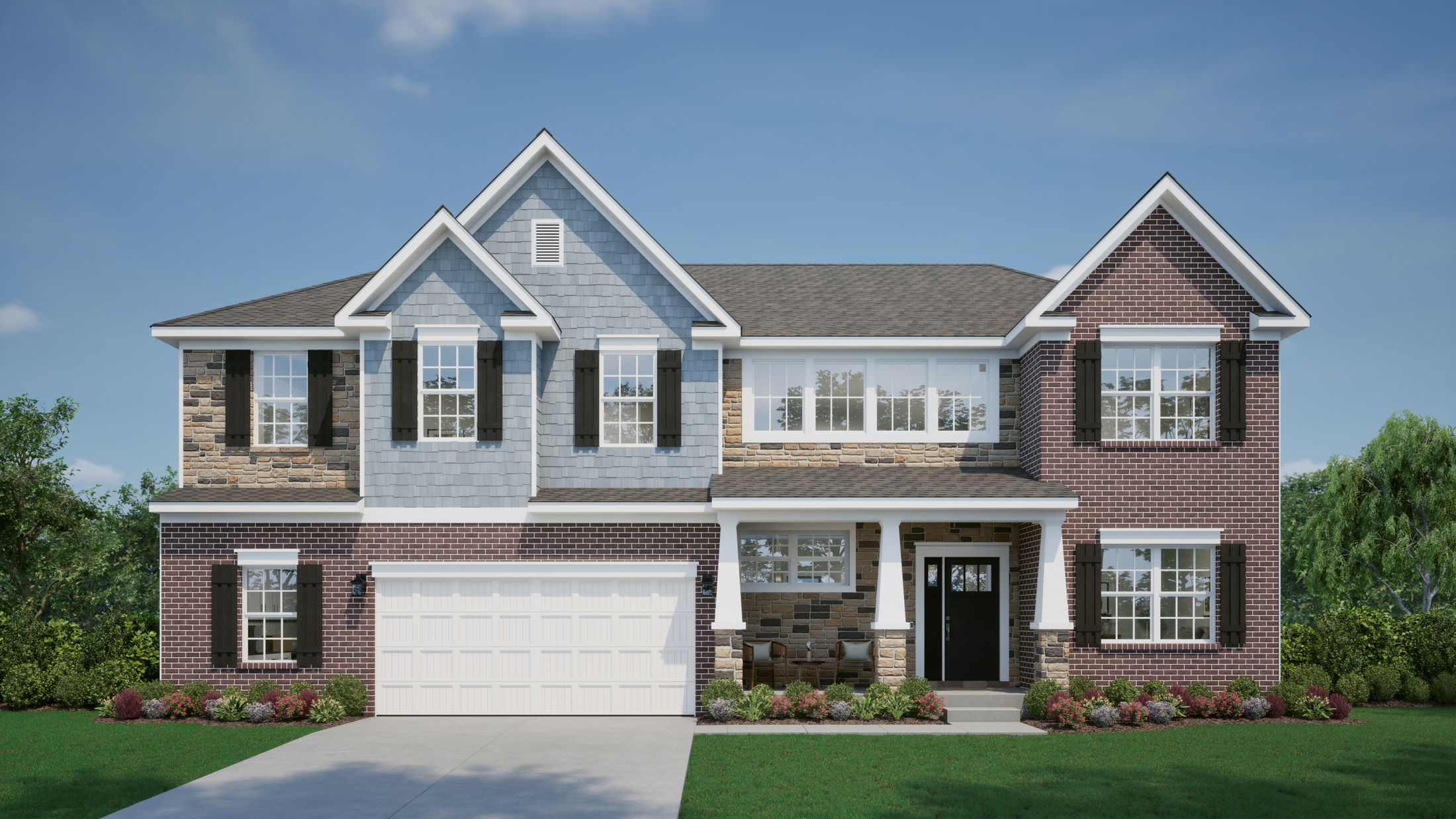 A two-story modern suburban house with mixed brick and stone exterior, featuring a double garage and manicured landscaping under a clear blue sky.