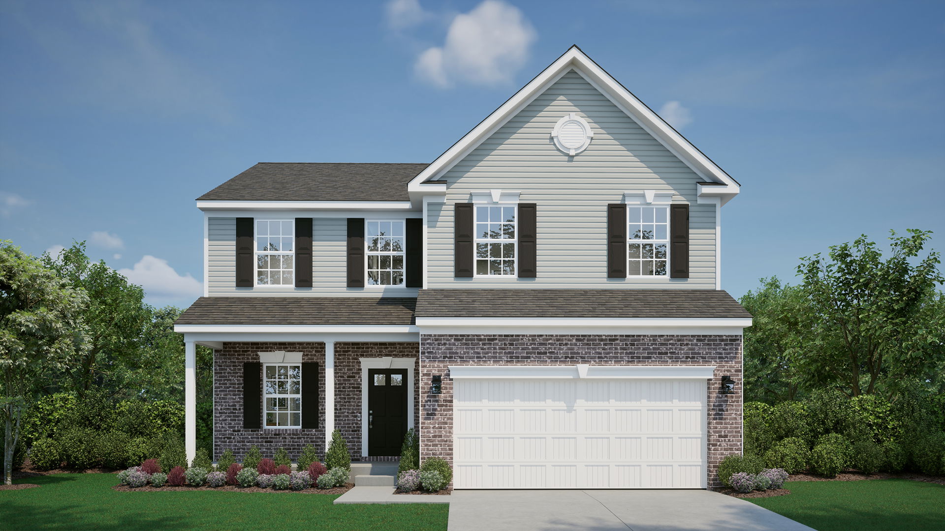 Two-story suburban house with brick facade, gray siding, and a double garage set against a clear blue sky.