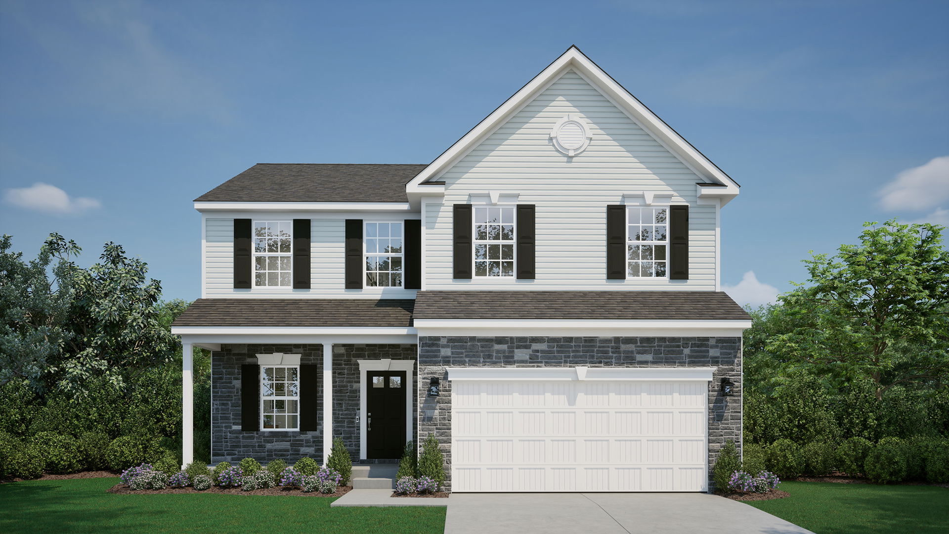 Modern two-story suburban house with a white exterior, black shutters, a two-car garage, and landscaped front yard.