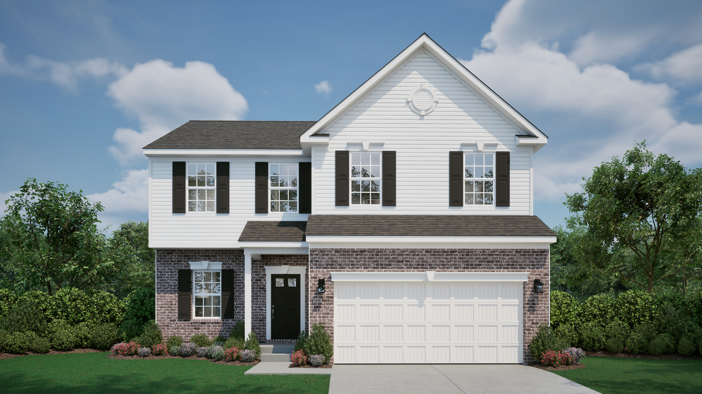 Front view of a modern two-story house with white siding, dark shutters, and a two-car garage, surrounded by landscaping and blue sky.