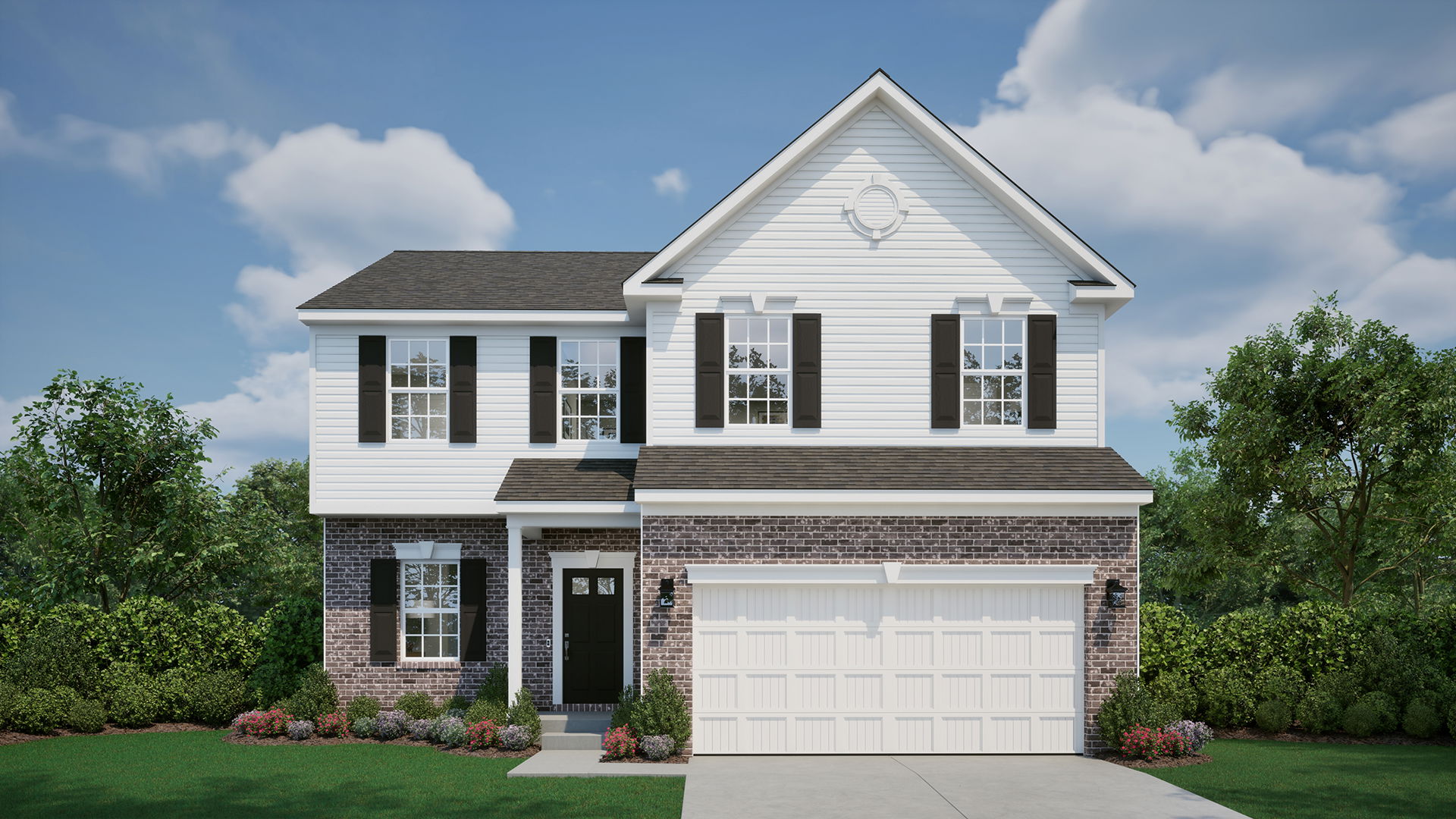 A two-story suburban house with brick and white siding, featuring a double garage and landscaped yard under a blue sky.