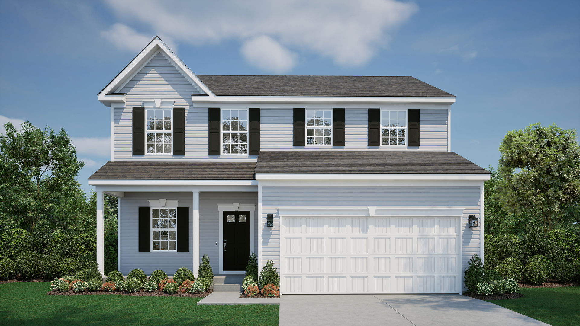 Two-story suburban home with white siding, black shutters, and a double garage set against a clear blue sky.