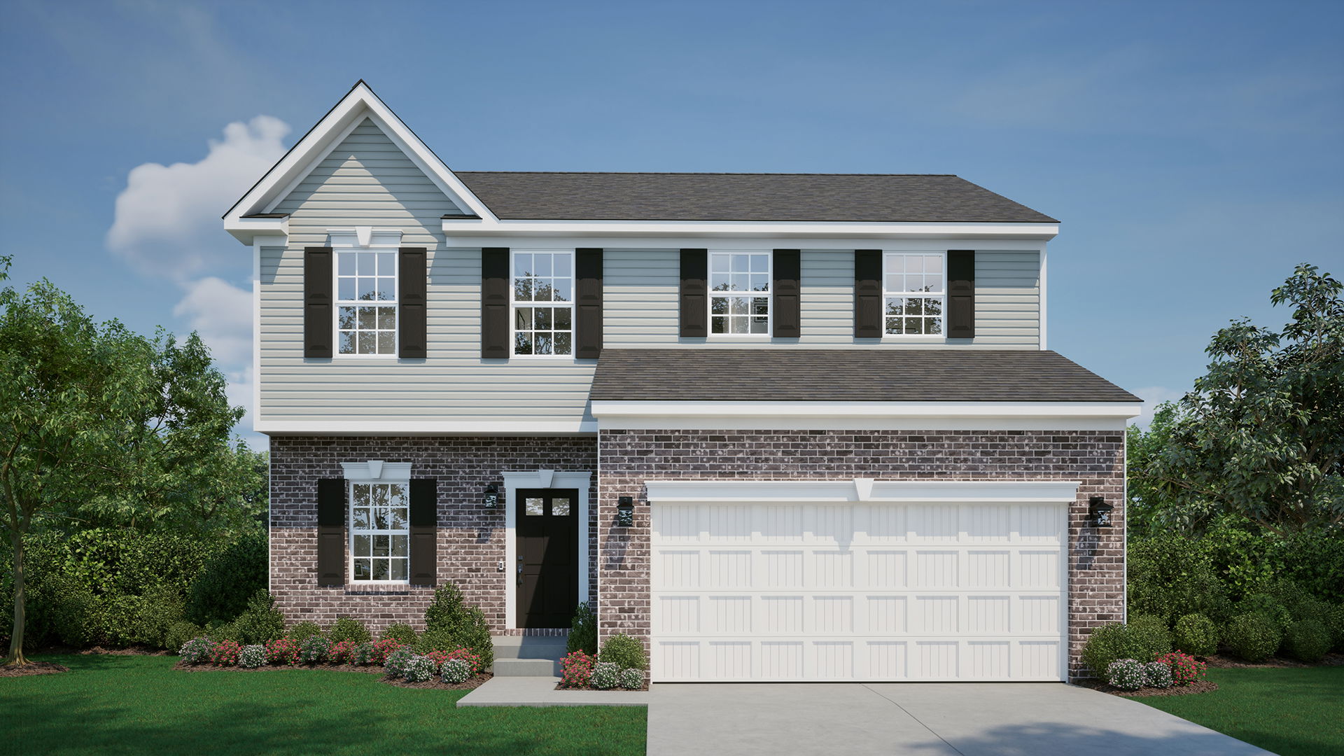 Two-story suburban house with brick and siding exterior, black shutters, and a two-car garage, surrounded by landscaped greenery.
